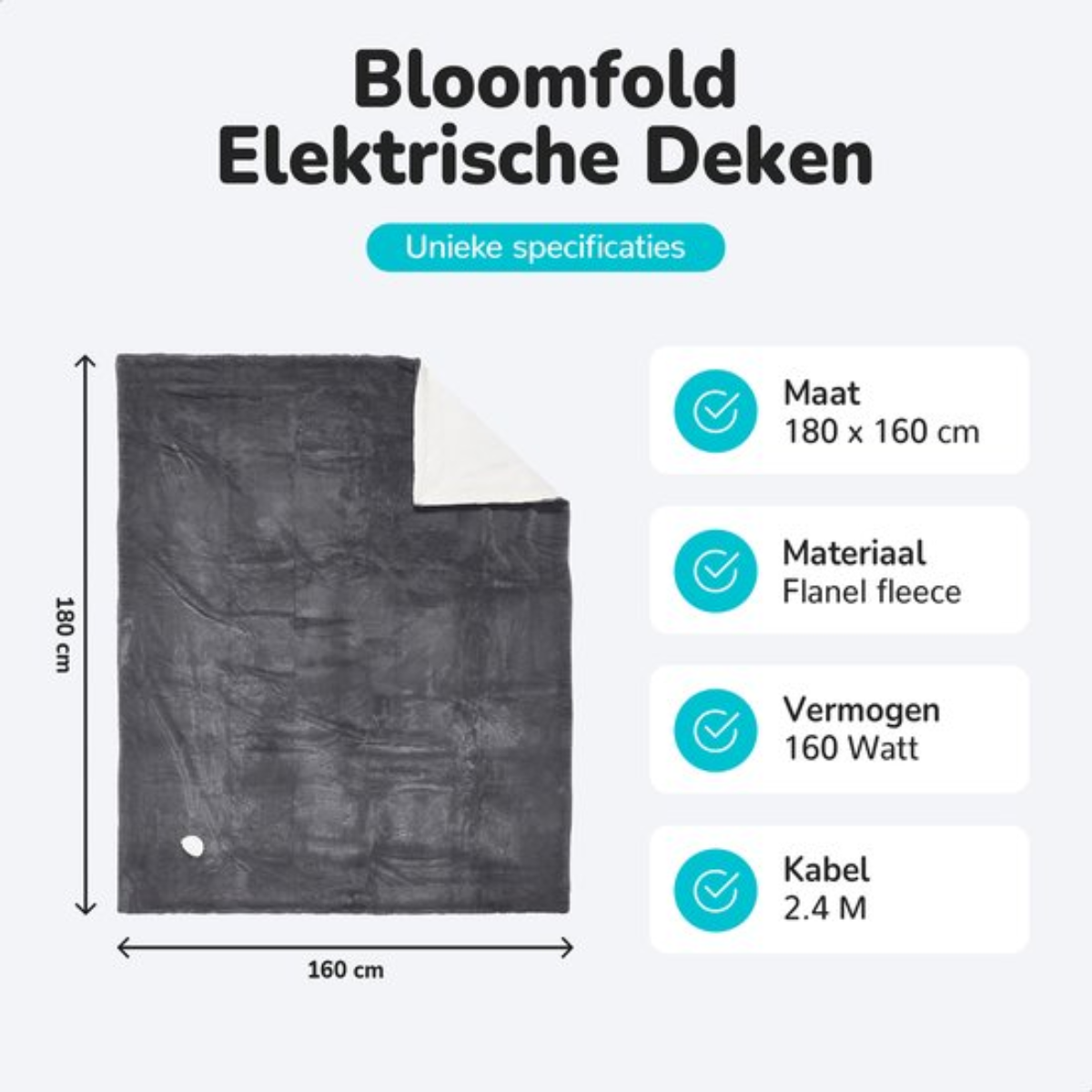 A grey electric blanket with dimensions, material, power and cable length information displayed.