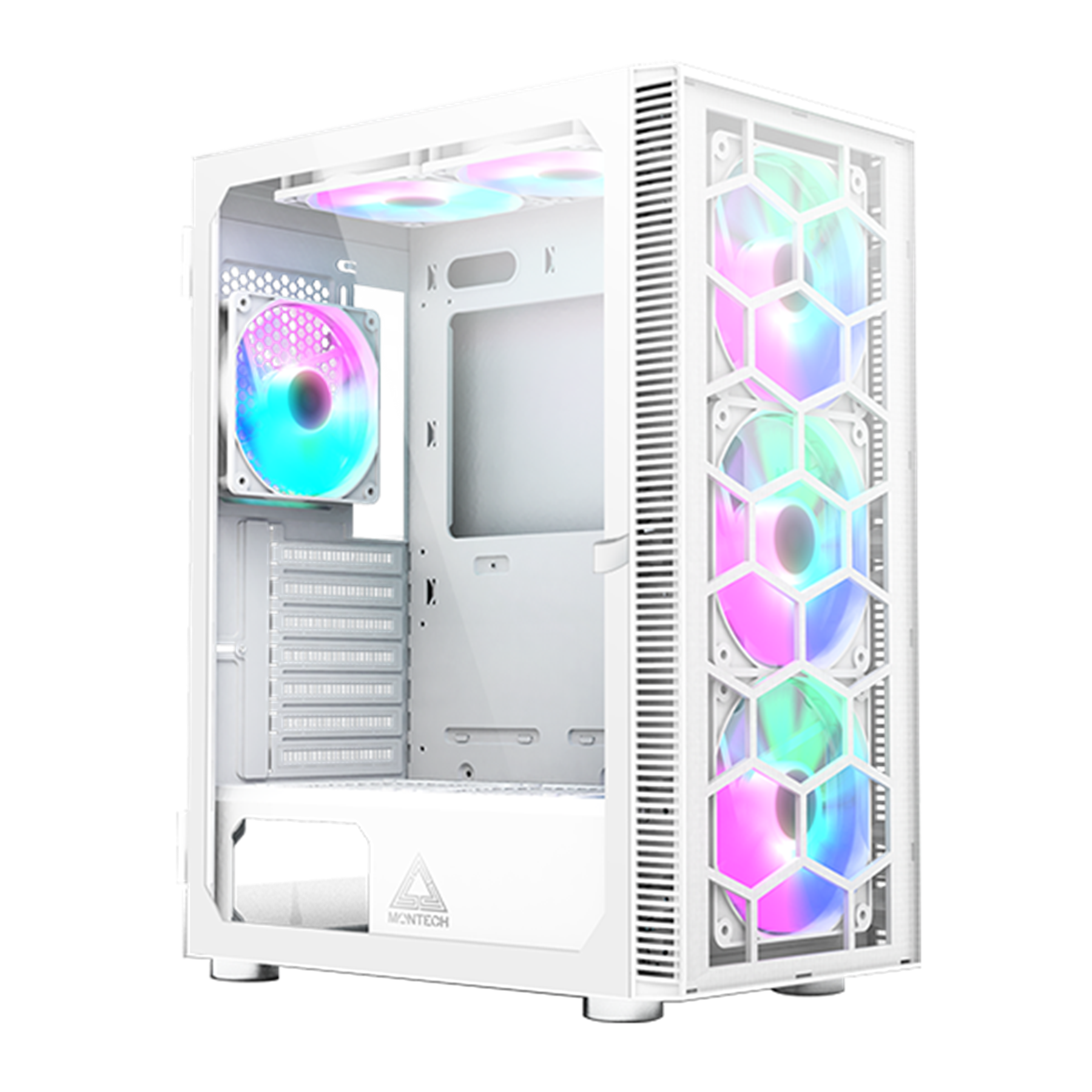 Un case per computer bianco con ventole colorate. Le ventole hanno l'illuminazione RGB. Il case è aperto.