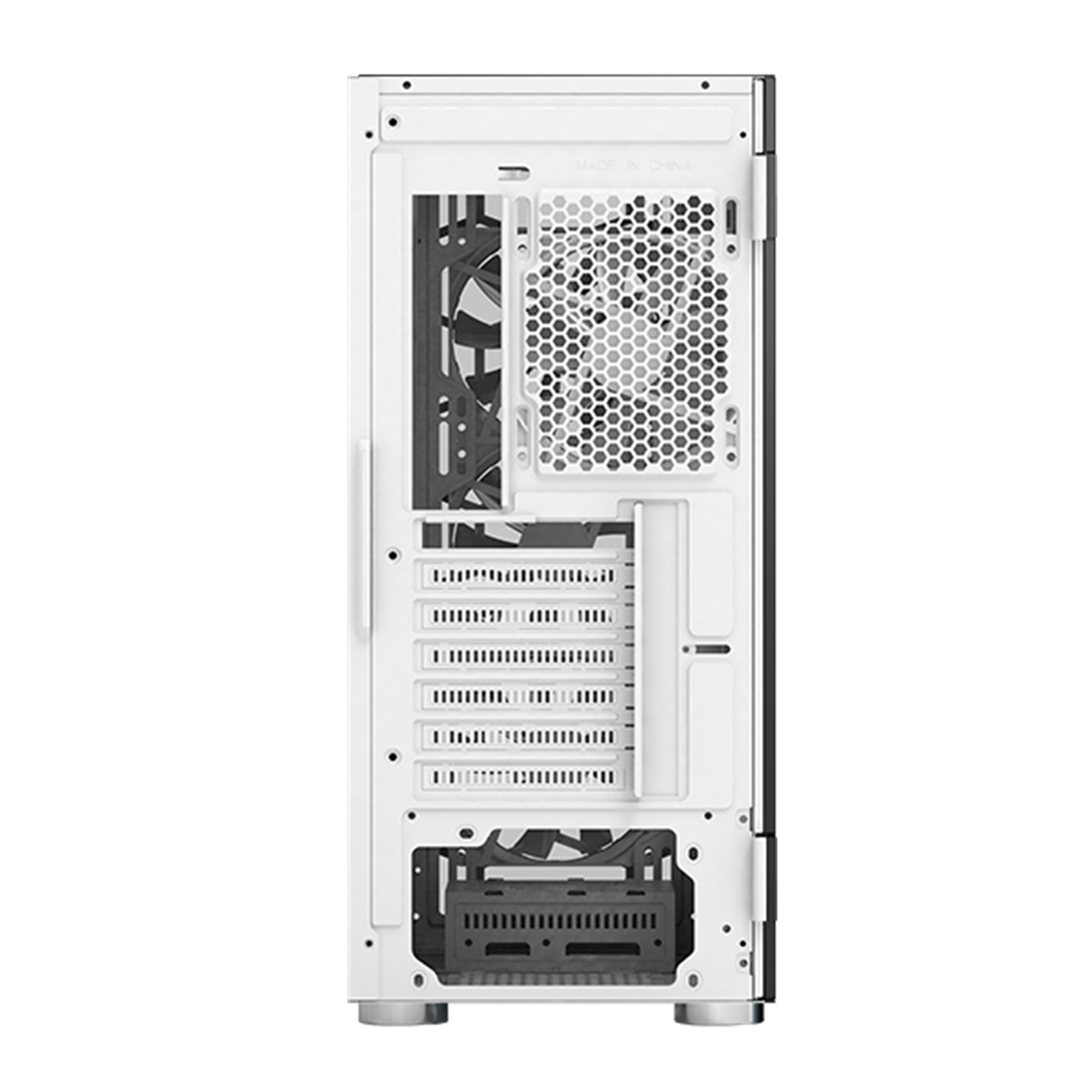 Il pannello posteriore di un case per computer bianco. I componenti interni sono visibili.
