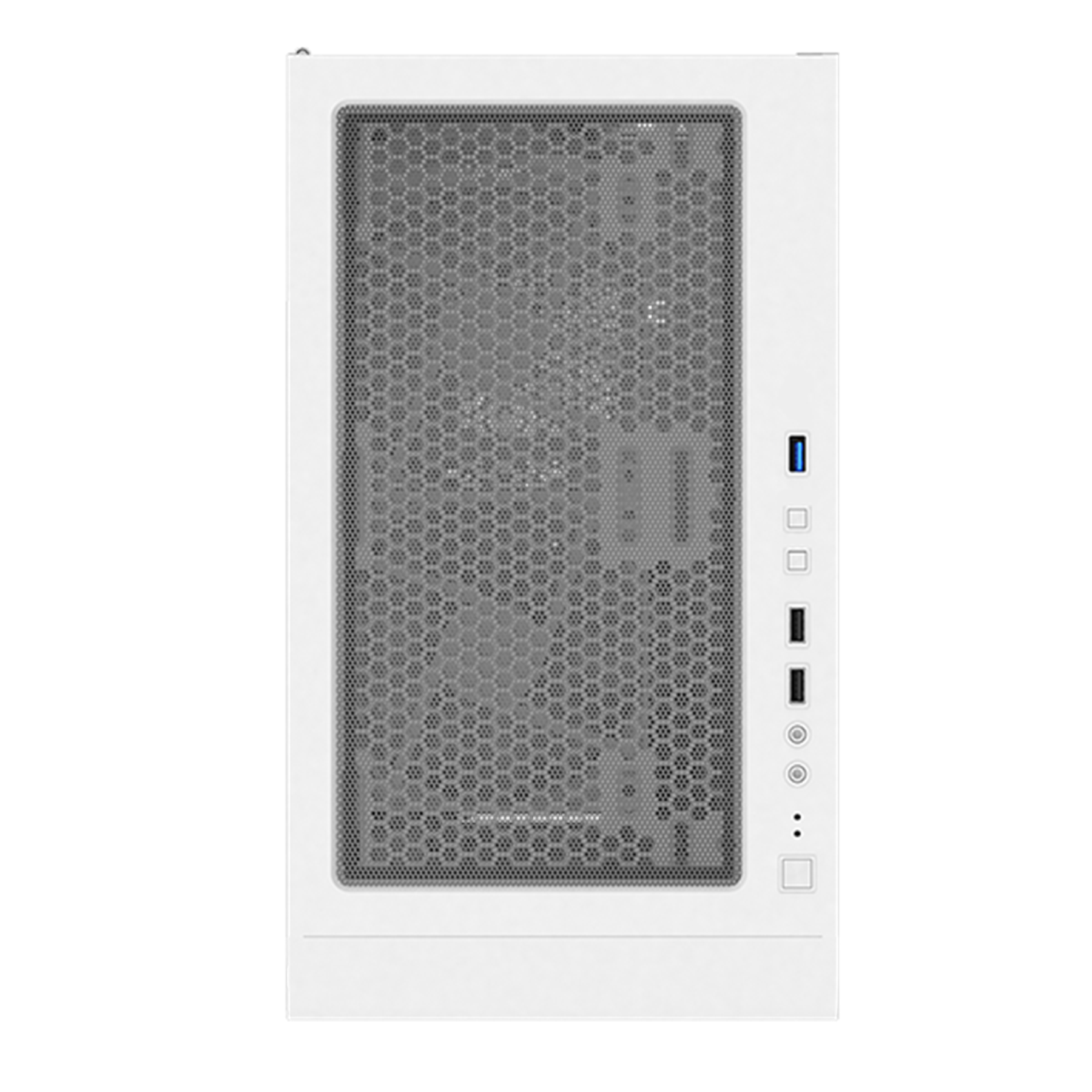 Case del computer bianco con pannello frontale a rete e varie porte.