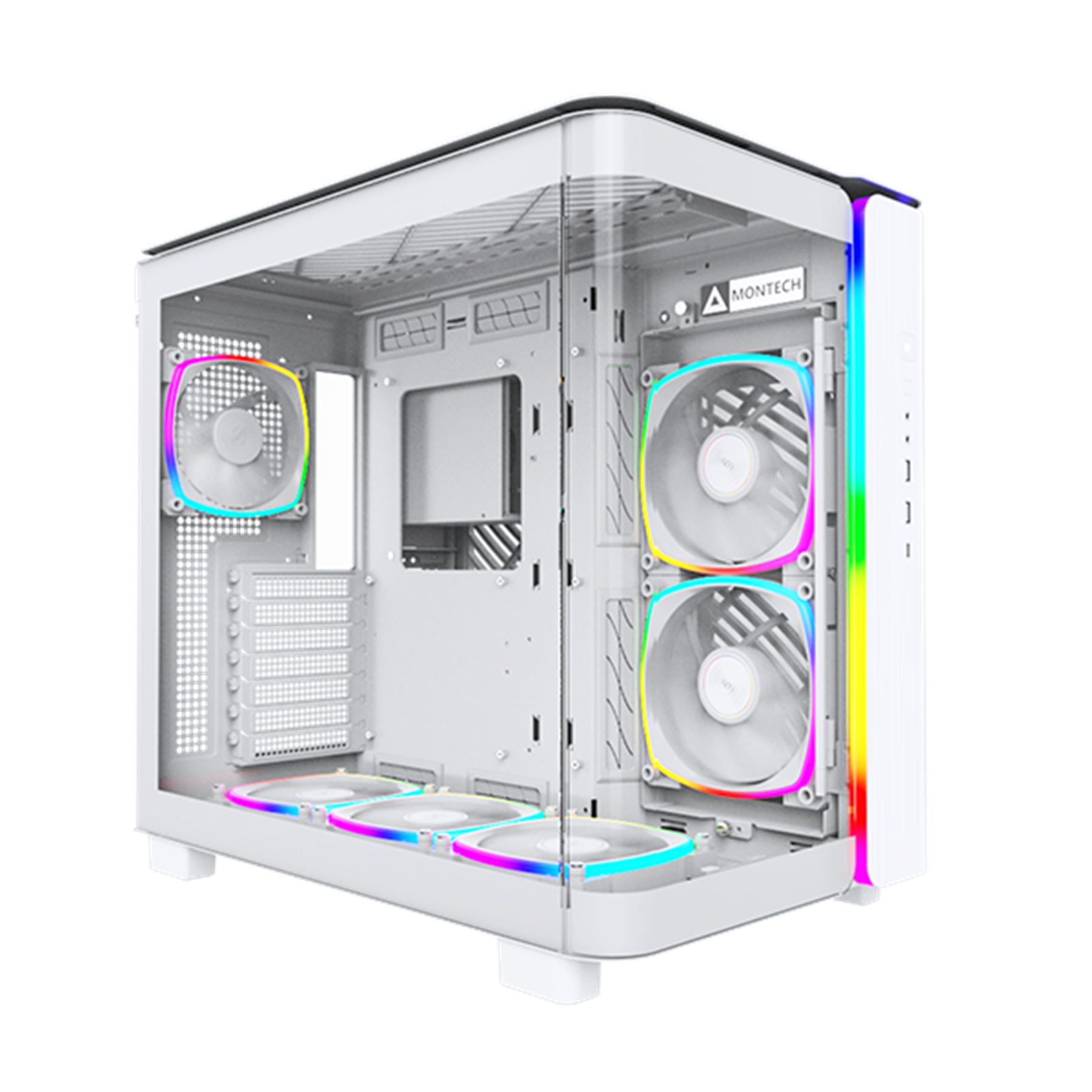 Cam yan panelli beyaz bilgisayar kasası. RGB fanlar ve Montech logosu görünür.