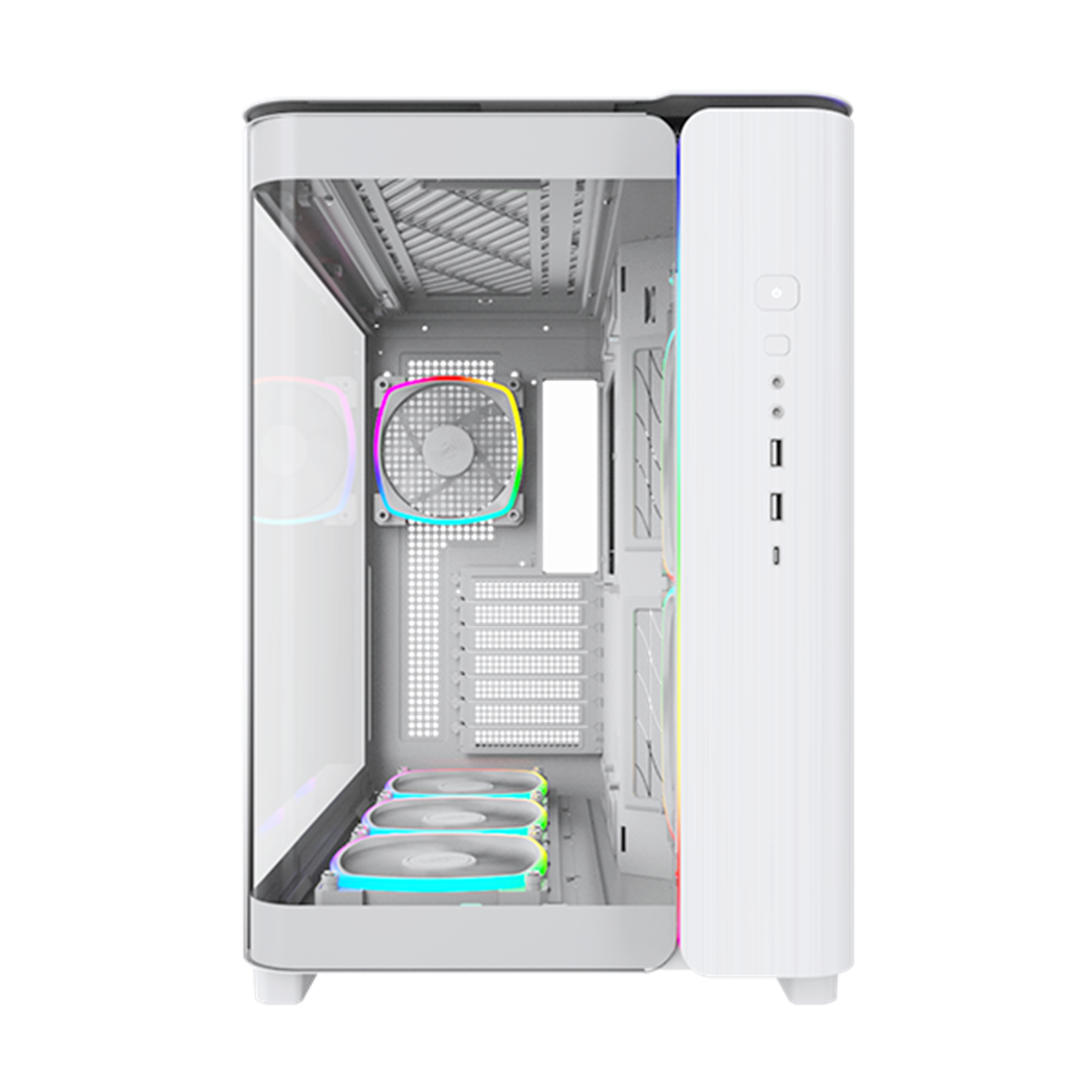 Cam yan panelli beyaz bilgisayar kasası, fanlar ve RGB aydınlatma, beyaz bir arka plan üzerinde.