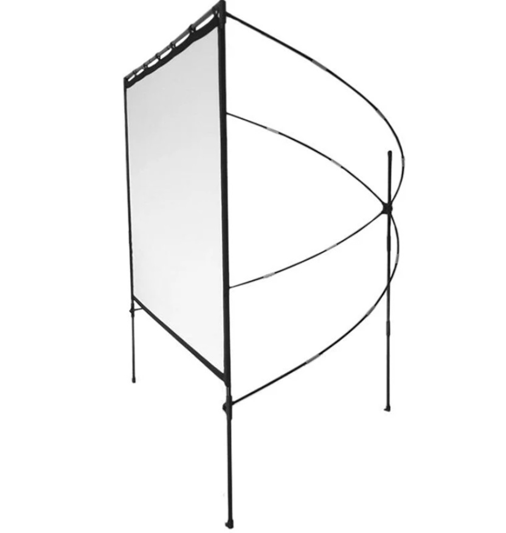 Czarny, zakrzywiony ekran na stojaku. Otwarta konstrukcja. Białe tło.