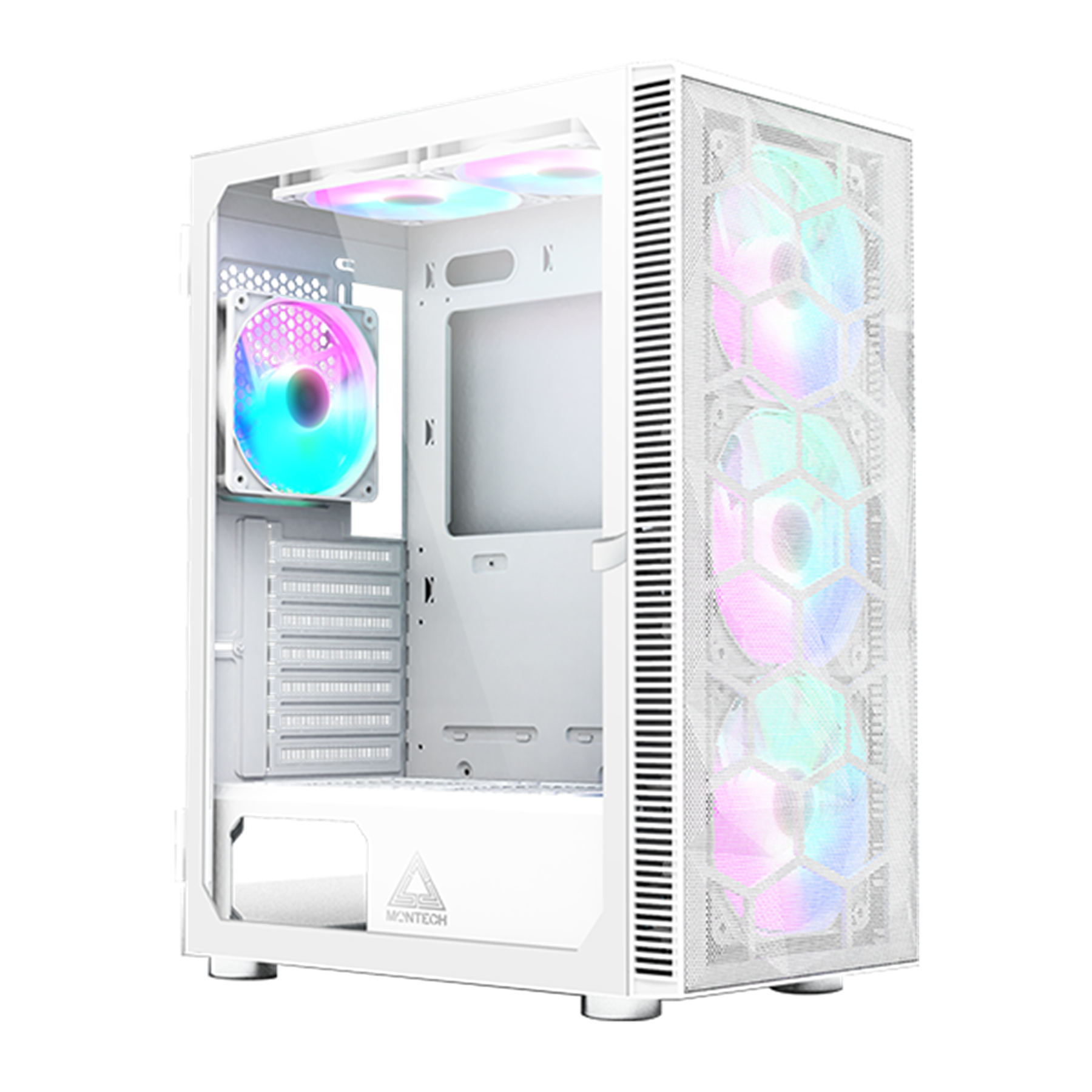 Un boîtier d'ordinateur blanc avec des lumières RVB colorées à l'intérieur. Le boîtier est sur un fond blanc.