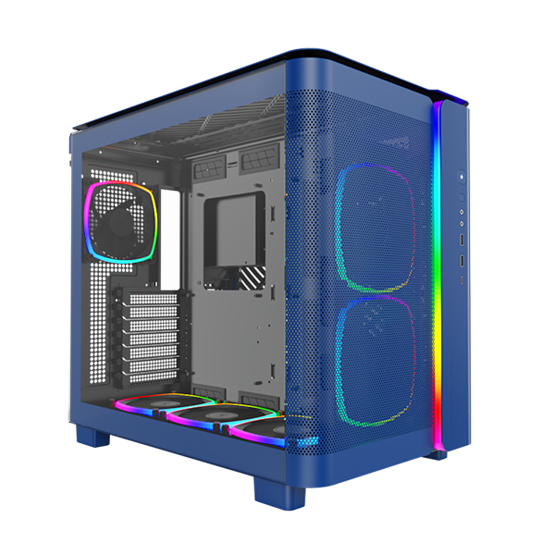 Niebieska obudowa komputera z kolorowymi światłami wokół wentylatorów. Widoczne wewnątrz: wentylatory, płyta główna i konstrukcja.