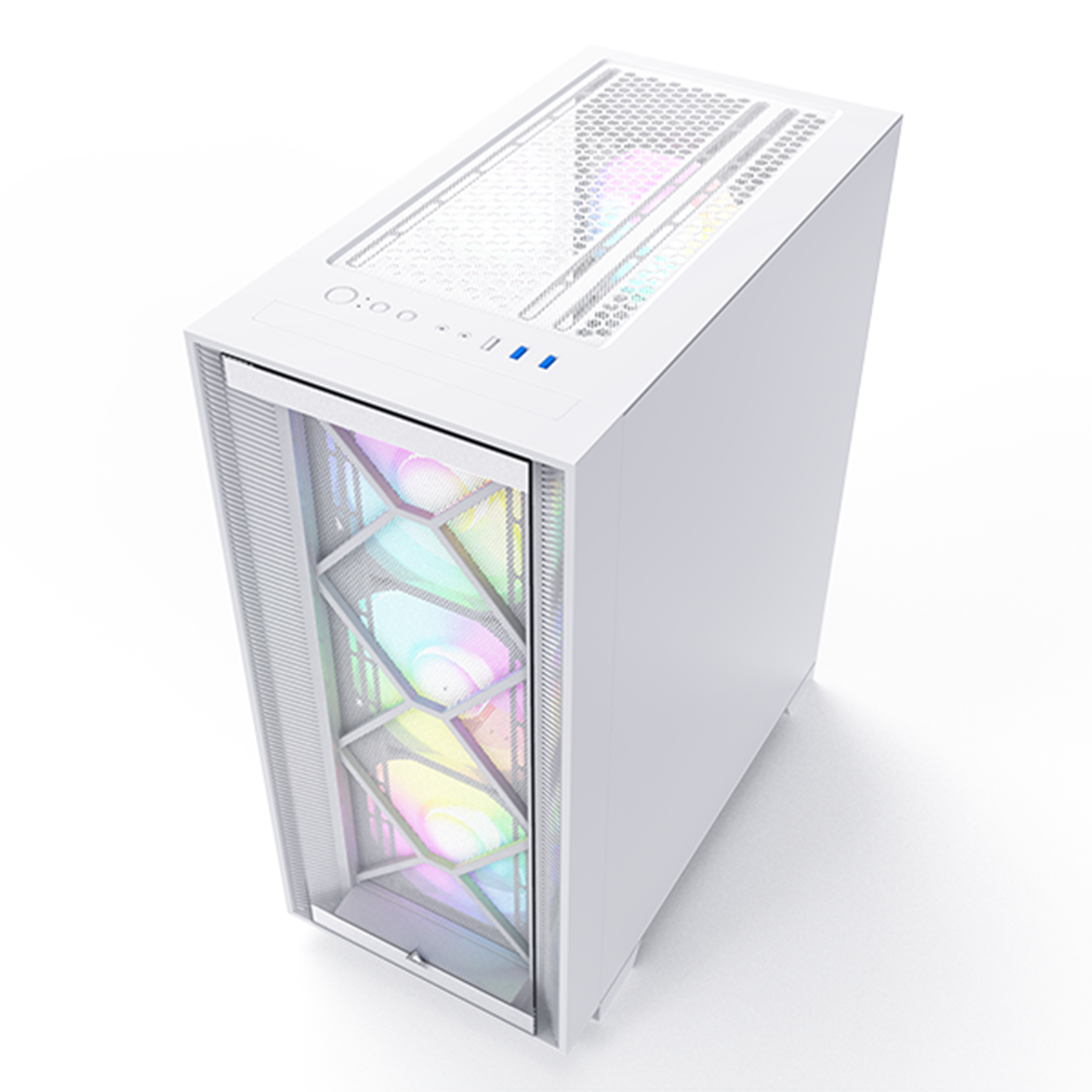 Un case per computer bianco con frontale in vetro, ventole interne e parte superiore in rete. Su sfondo bianco.