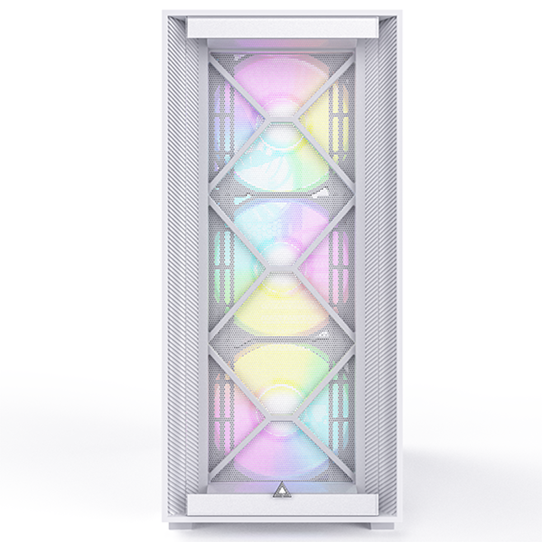 Un case per computer bianco con ventole colorate visibili, su sfondo bianco.