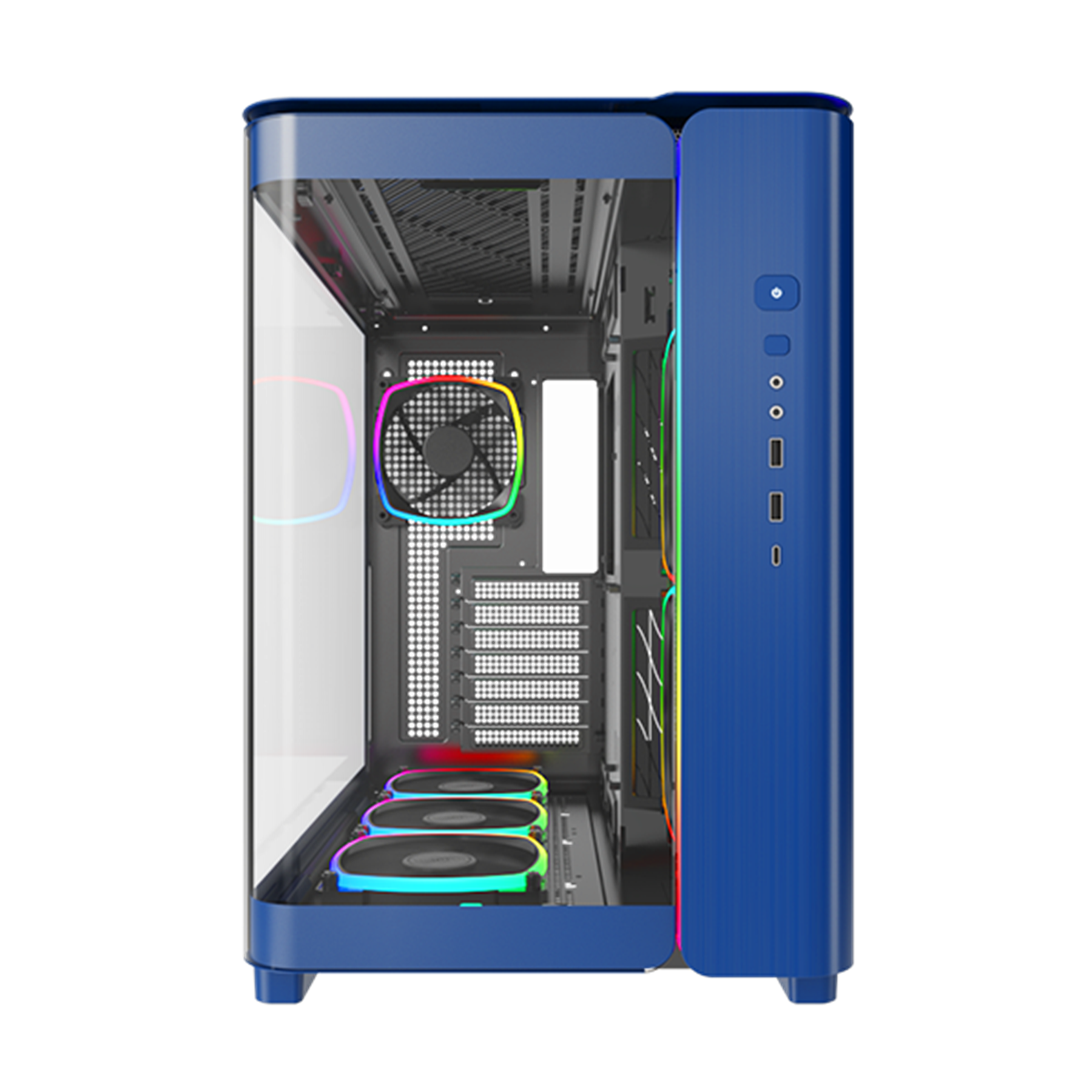 Niebieska obudowa komputera z przezroczystym panelem bocznym, pokazująca komponenty wewnętrzne i oświetlenie RGB.