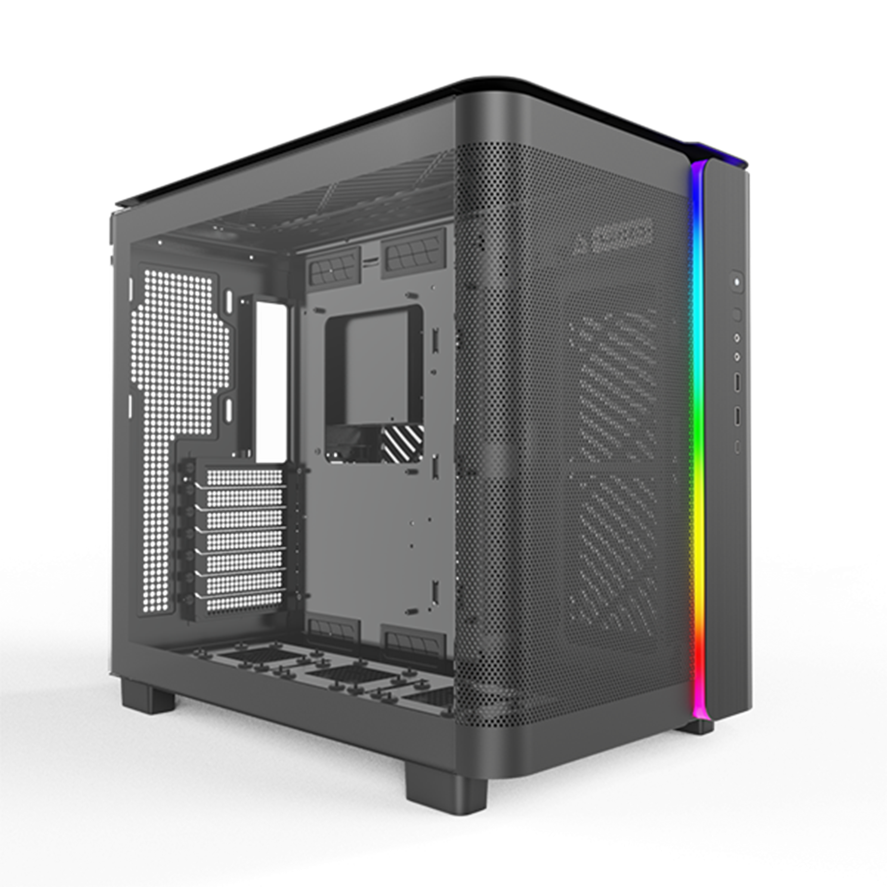 Un case per PC nero con pannello laterale in vetro e striscia LED arcobaleno.