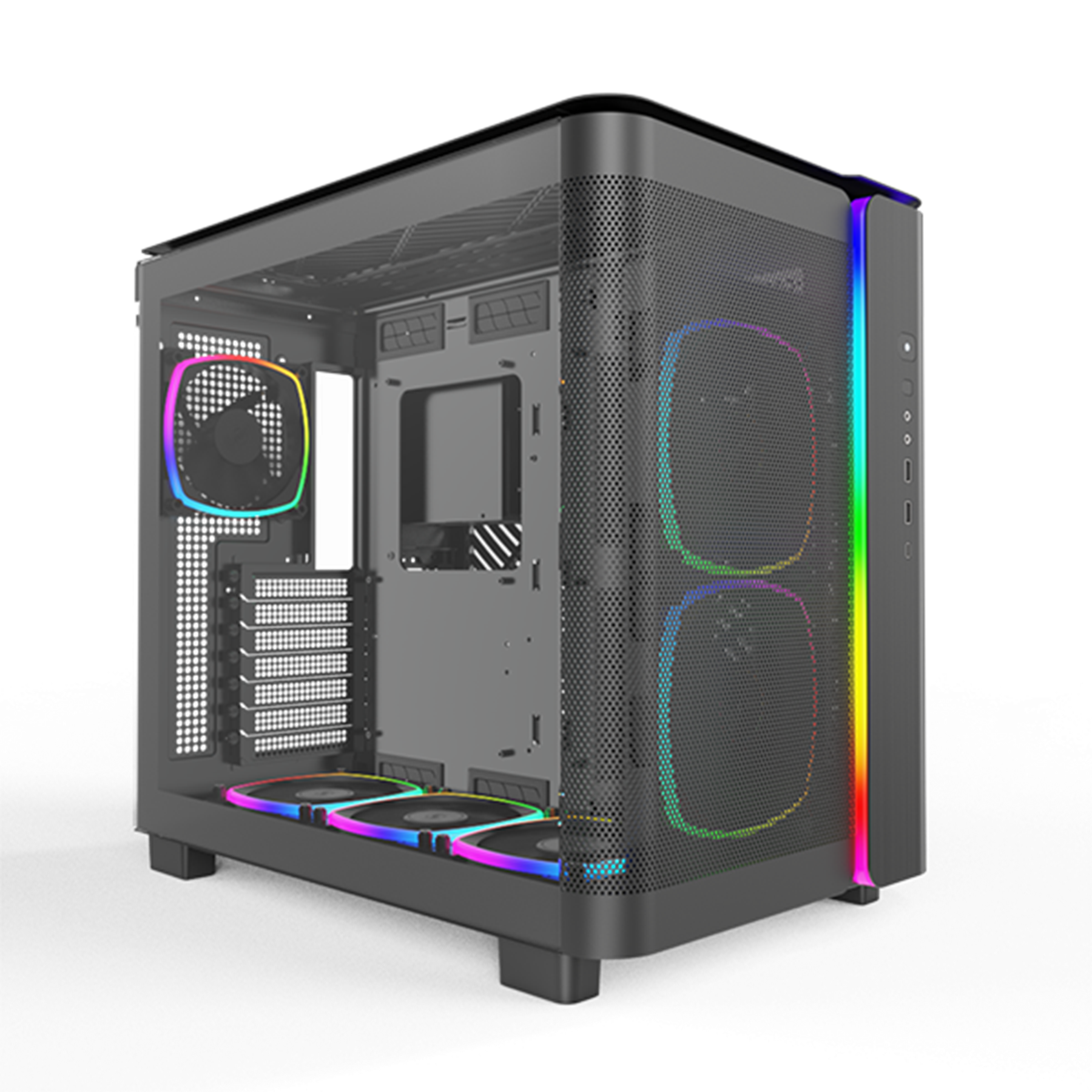 Black computer case with rainbow lights. The case has fans and a mesh pattern on the side panels.