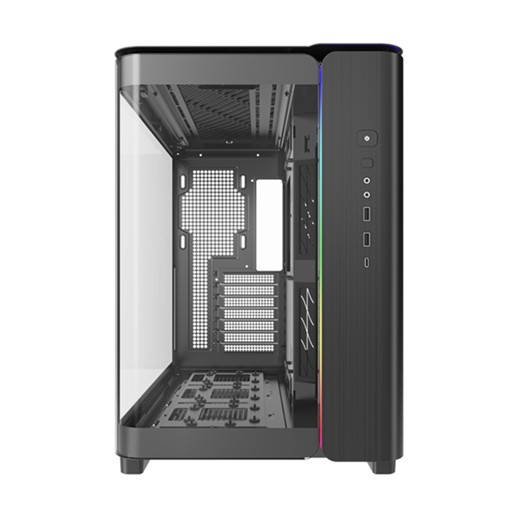 Un case nero per computer con pannello laterale in vetro, componenti interni e RGB.