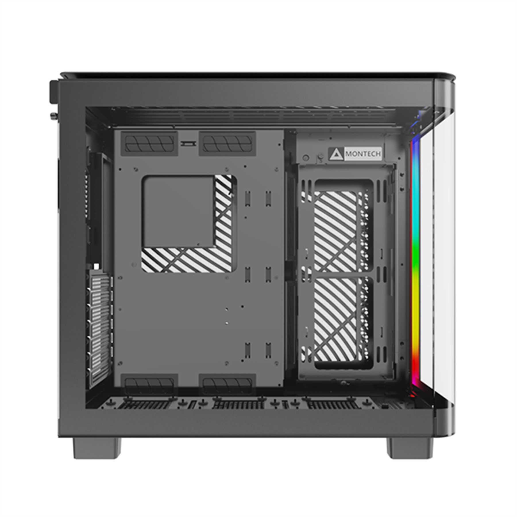 Un case per computer con pannello laterale trasparente, che mostra i componenti interni.