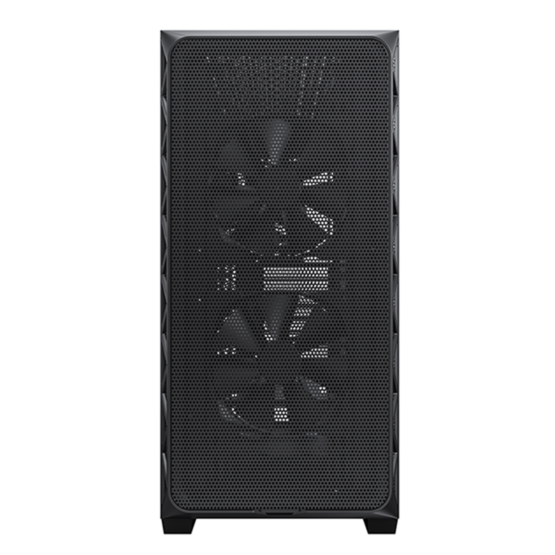A black computer case with a mesh front panel. The case has a modern, angular design.