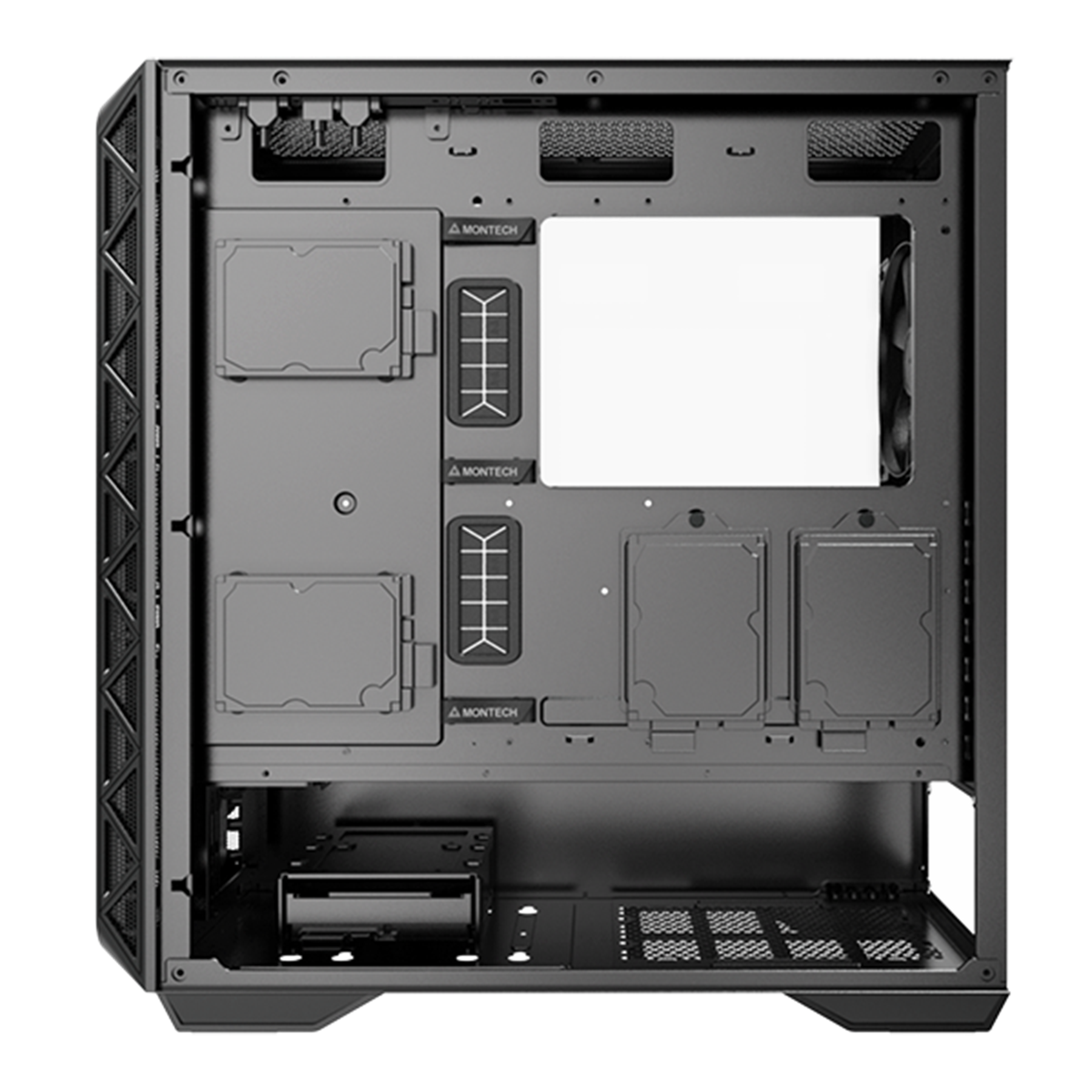 Computer case interior. Computer case interior with components, black, open, from the front.