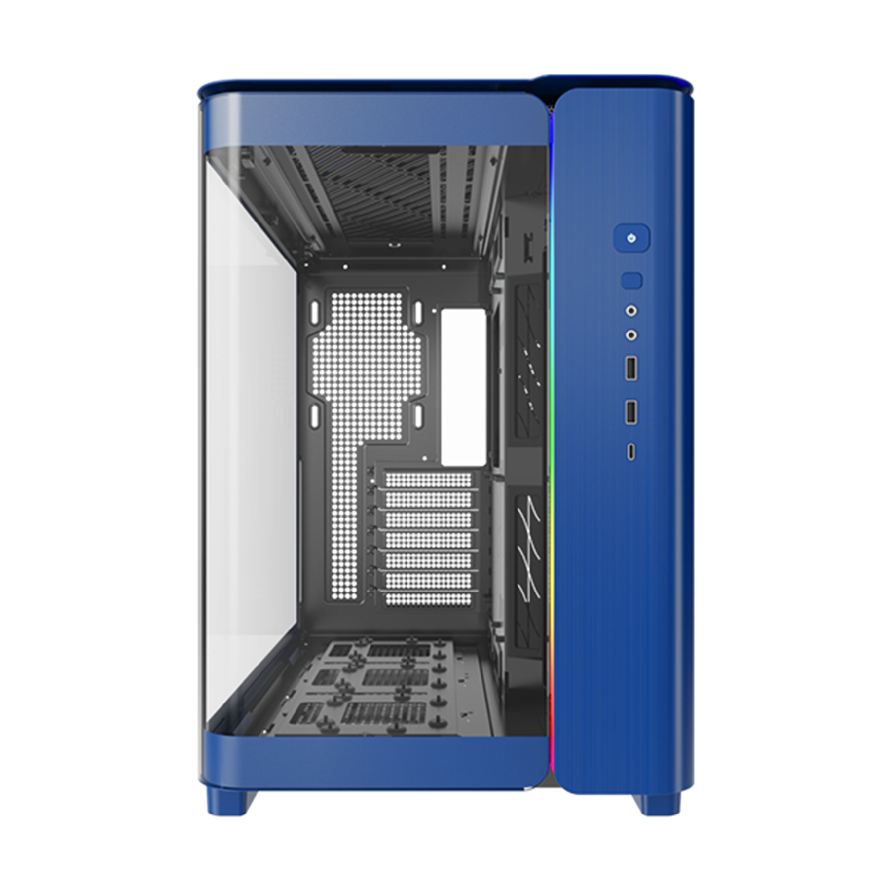 Un boîtier d'ordinateur bleu avec un panneau latéral en verre, montrant l'intérieur. Il a des lumières RVB.