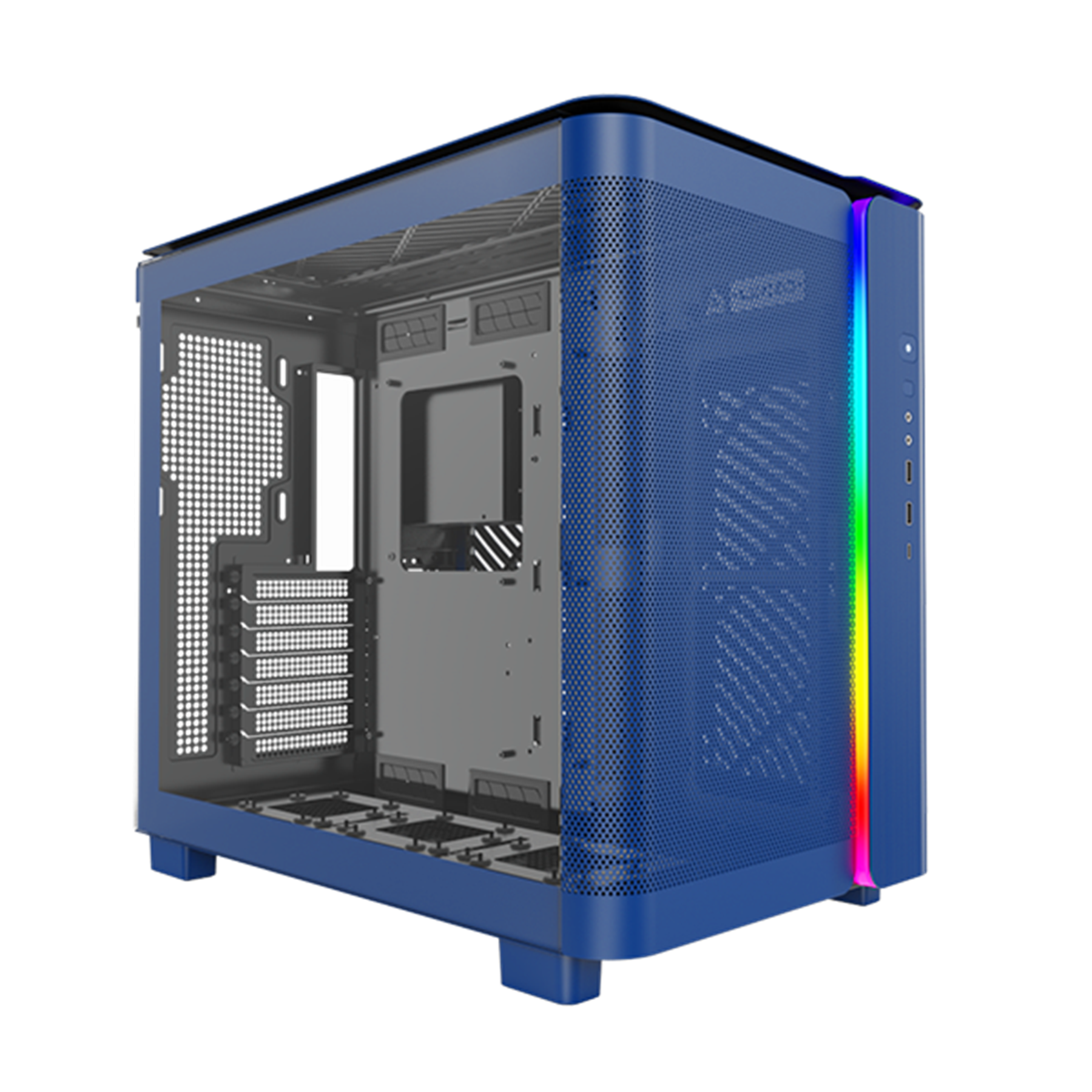 Boîtier PC bleu avec panneau latéral perforé, côté transparent et bande LED colorée.