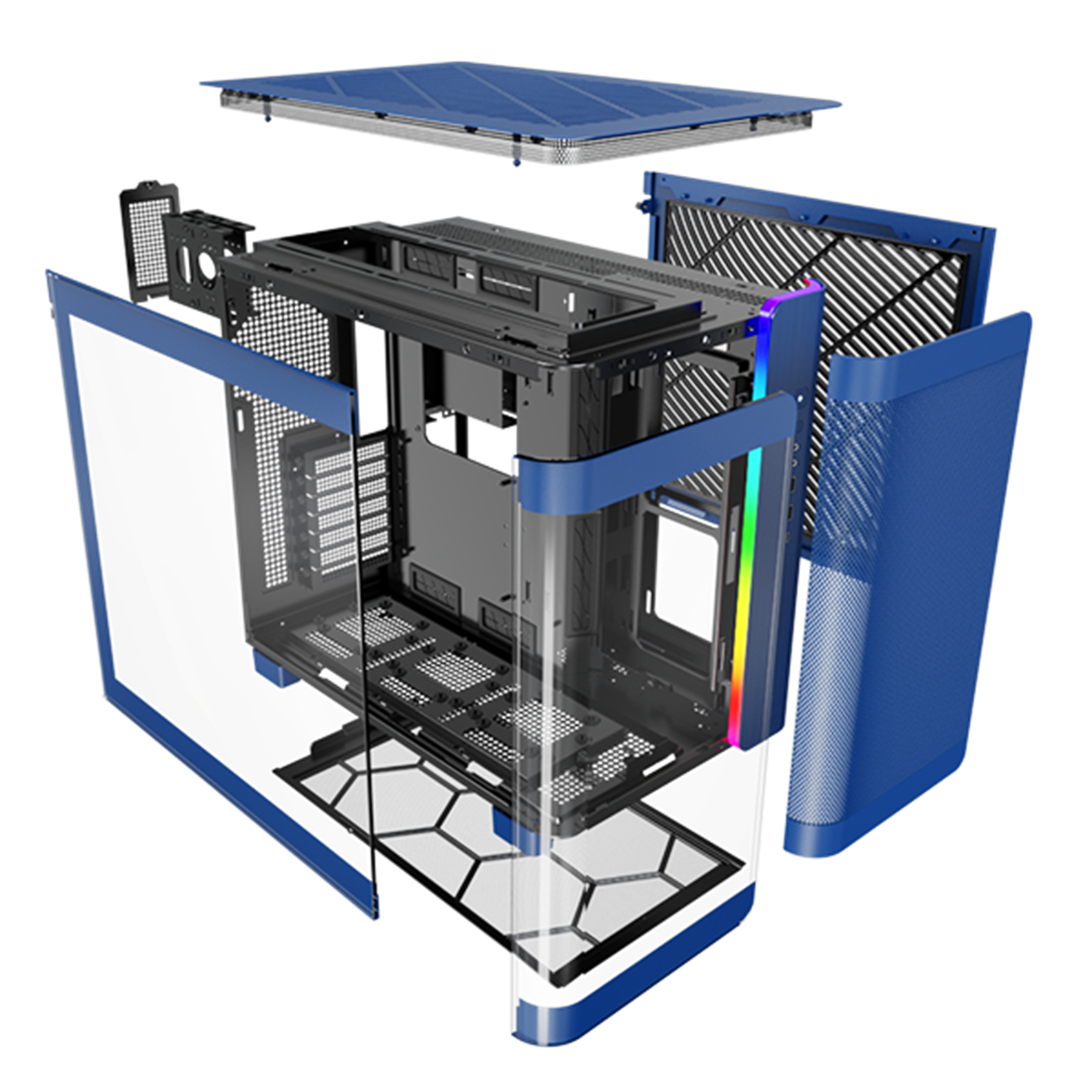Vue éclatée d'un boîtier PC bleu avec composants internes, montrant les détails de la structure.