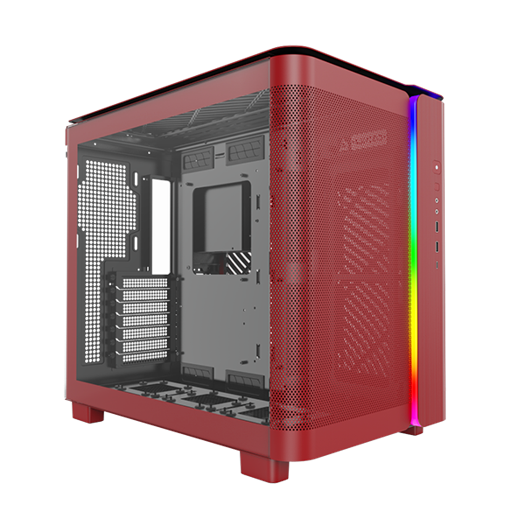 Una caja de computadora roja con un panel lateral de vidrio y una tira de luz de color arcoíris.