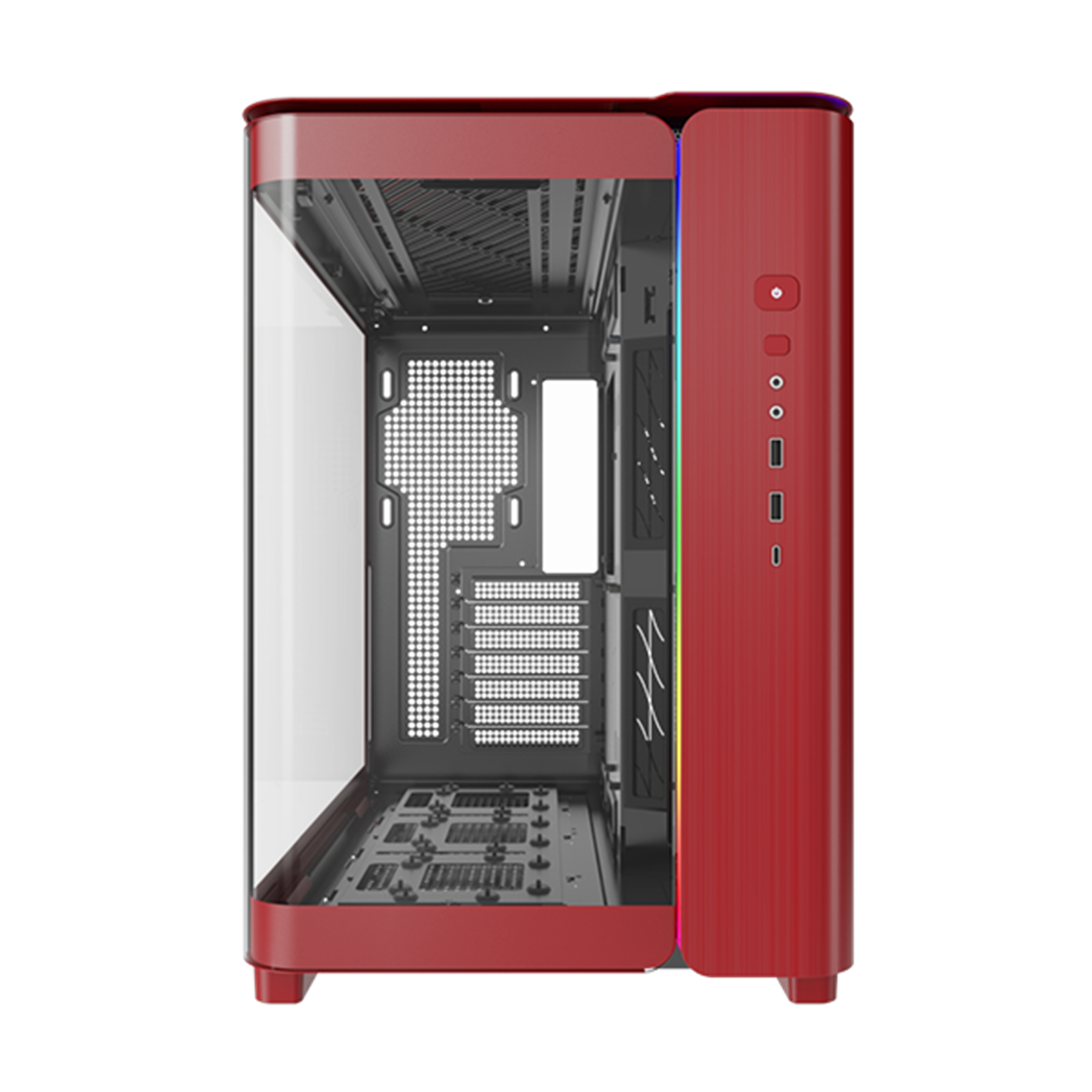Carcasa de ordenador roja, vista lateral, panel de vidrio transparente. Interior visible. Marco rojo, interior negro.