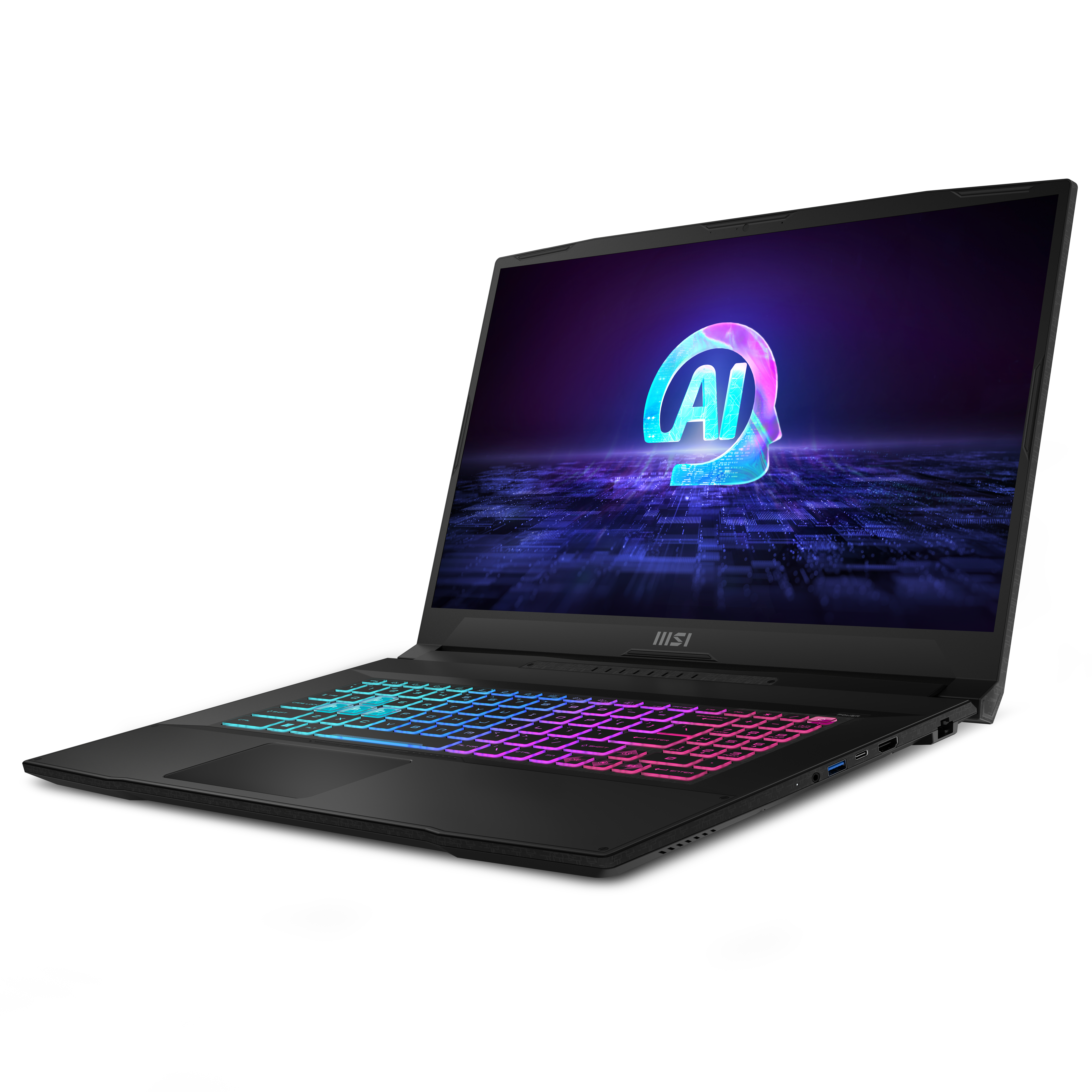 A black laptop with a colorful keyboard, showing an AI graphic on the screen, on a white surface.