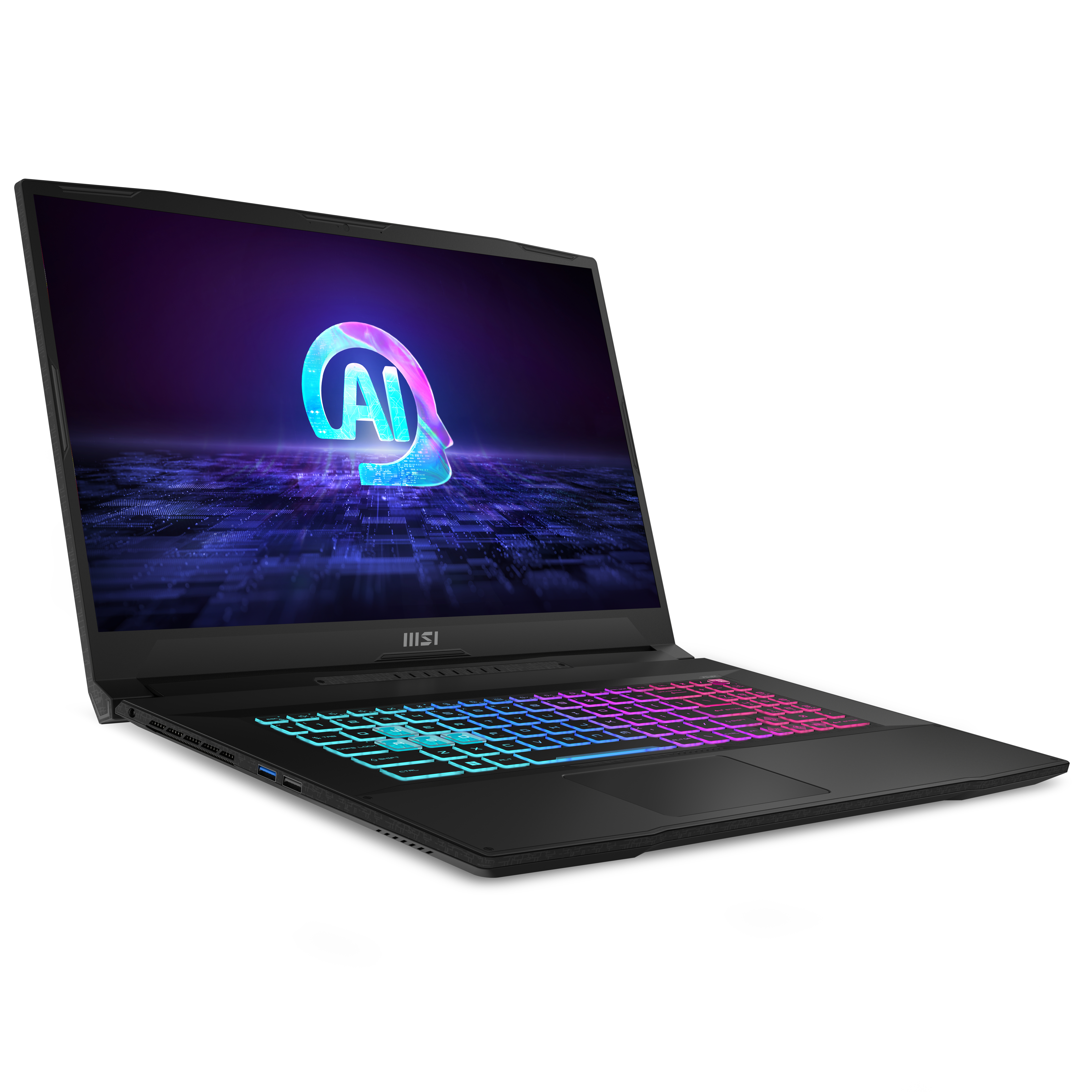 A black laptop with a colorful keyboard. The screen displays an AI graphic.