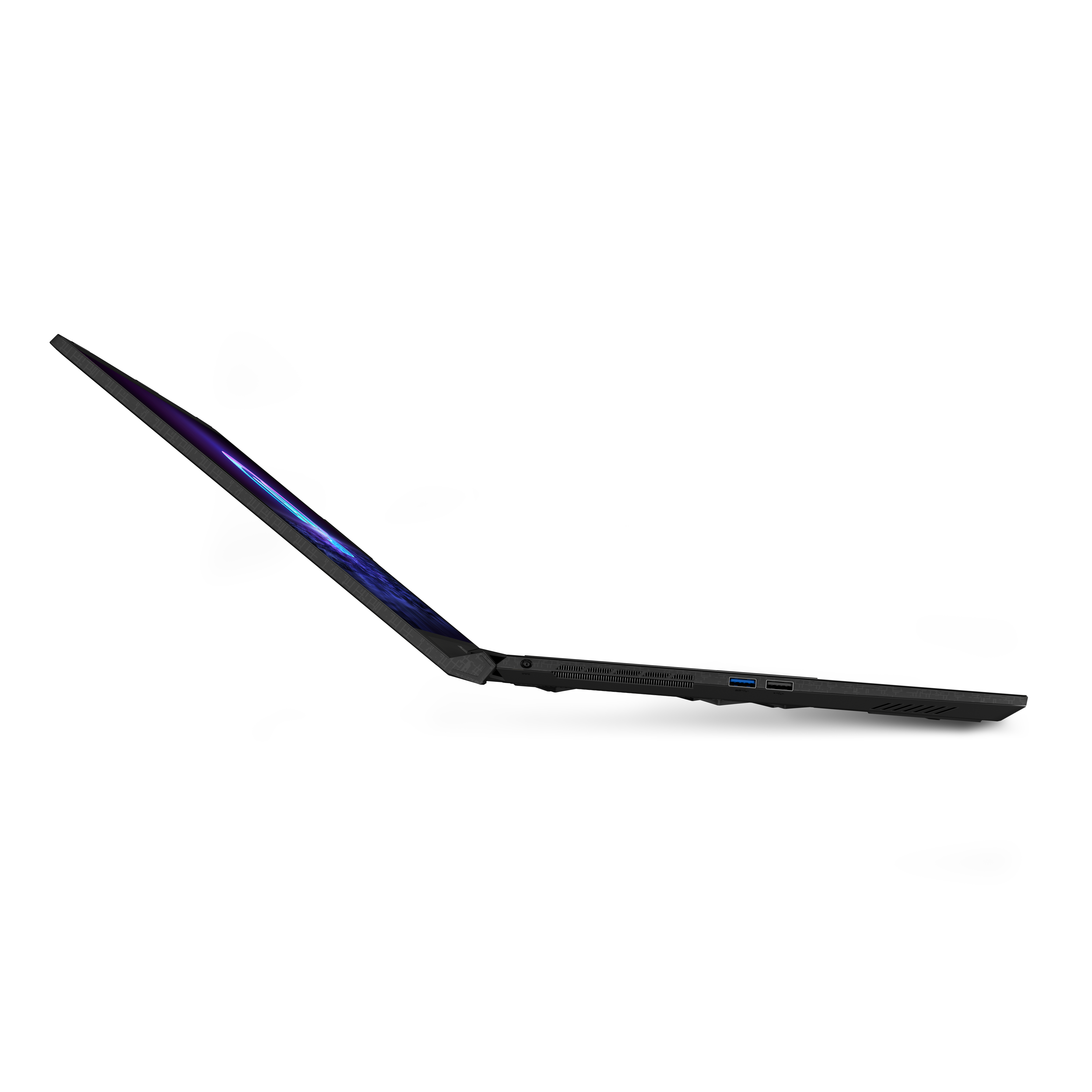 Ordinateur portable noir, vue de profil. L'écran est ouvert, affichant un écran éclairé en bleu et violet.