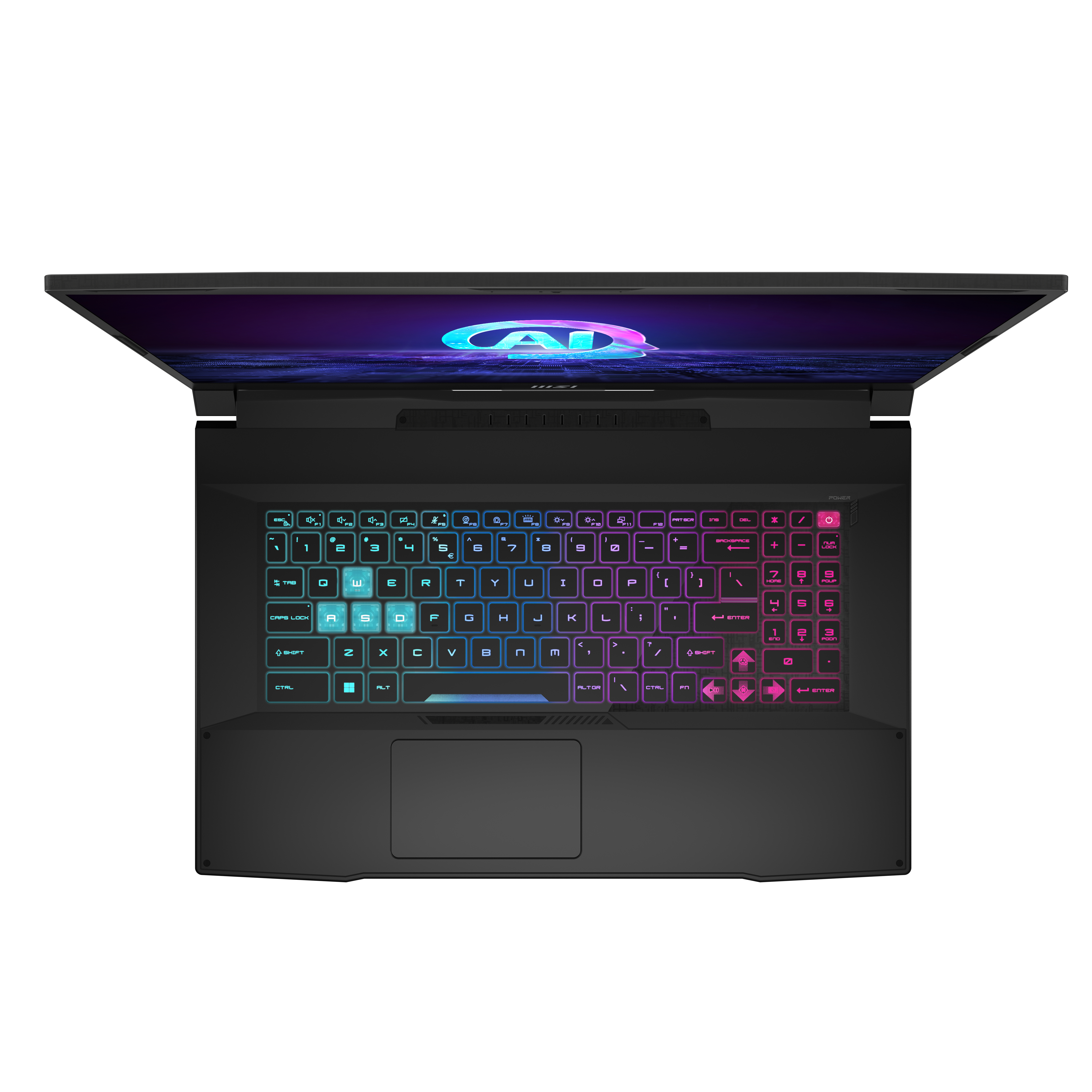 Ordinateur portable noir ouvert, clavier éclairé en couleur, vue de dessus, avec logo.