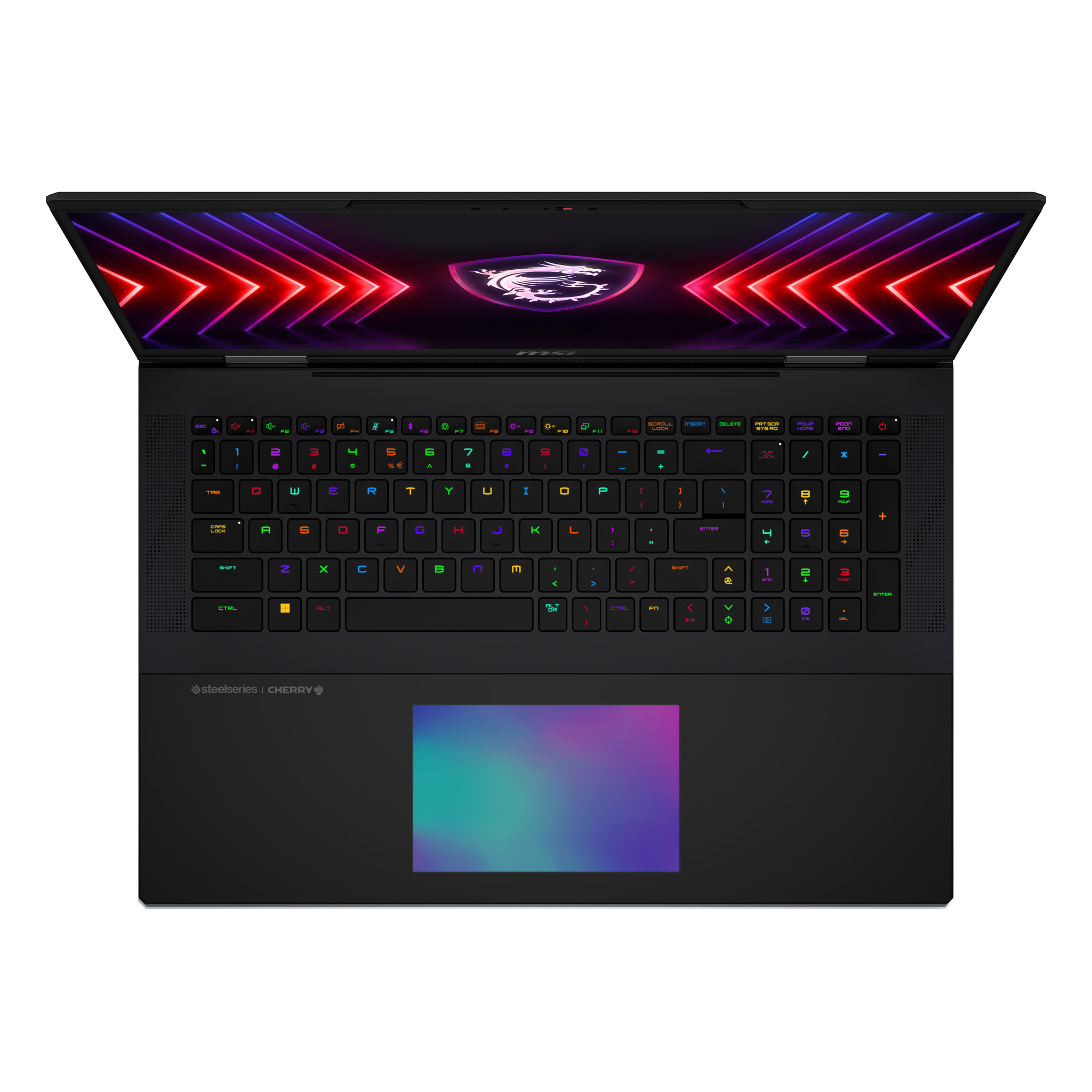 Un laptop nero con tastiera e schermo colorati, vista dall'alto.