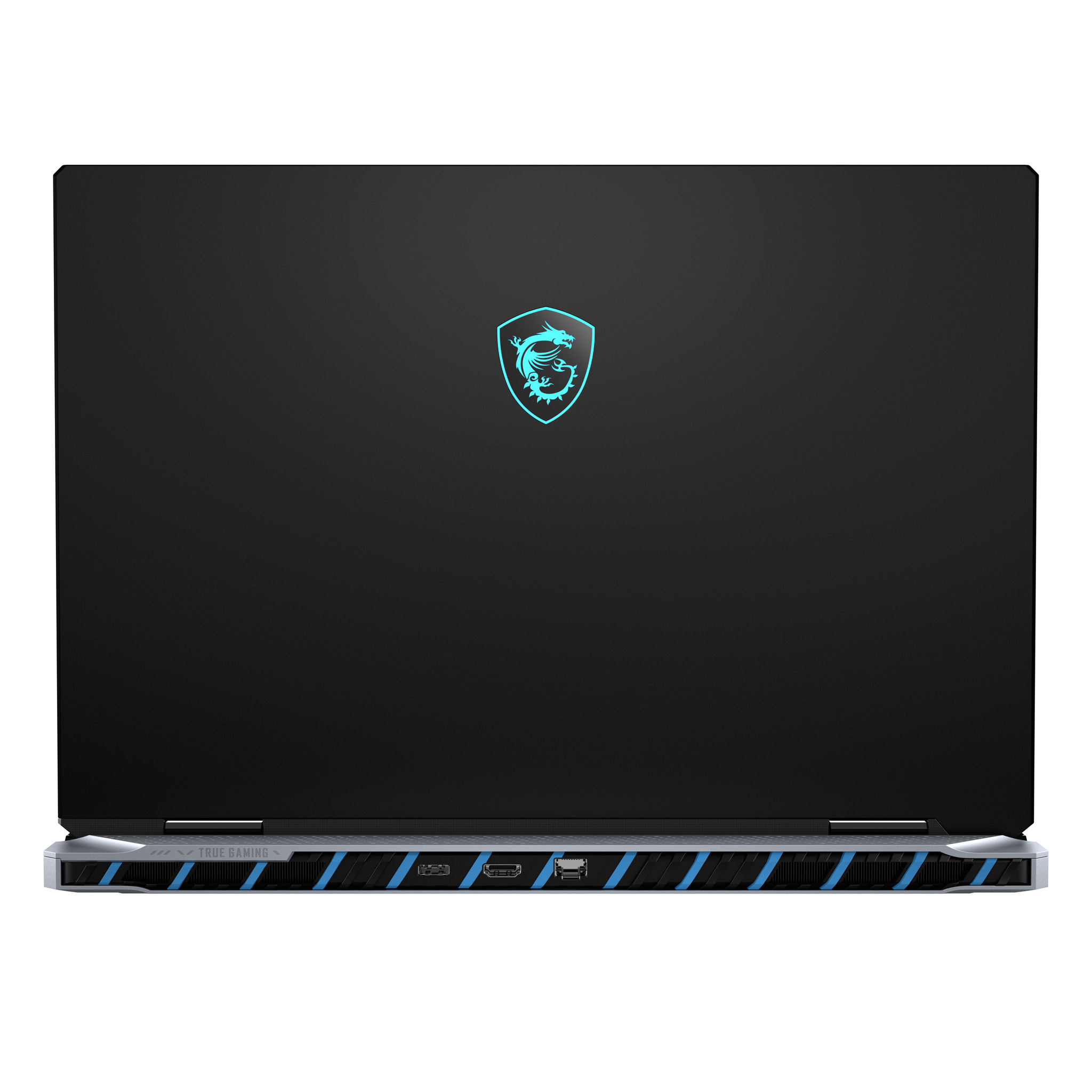 Laptop nero con logo blu brillante. La parte inferiore ha un design a strisce.