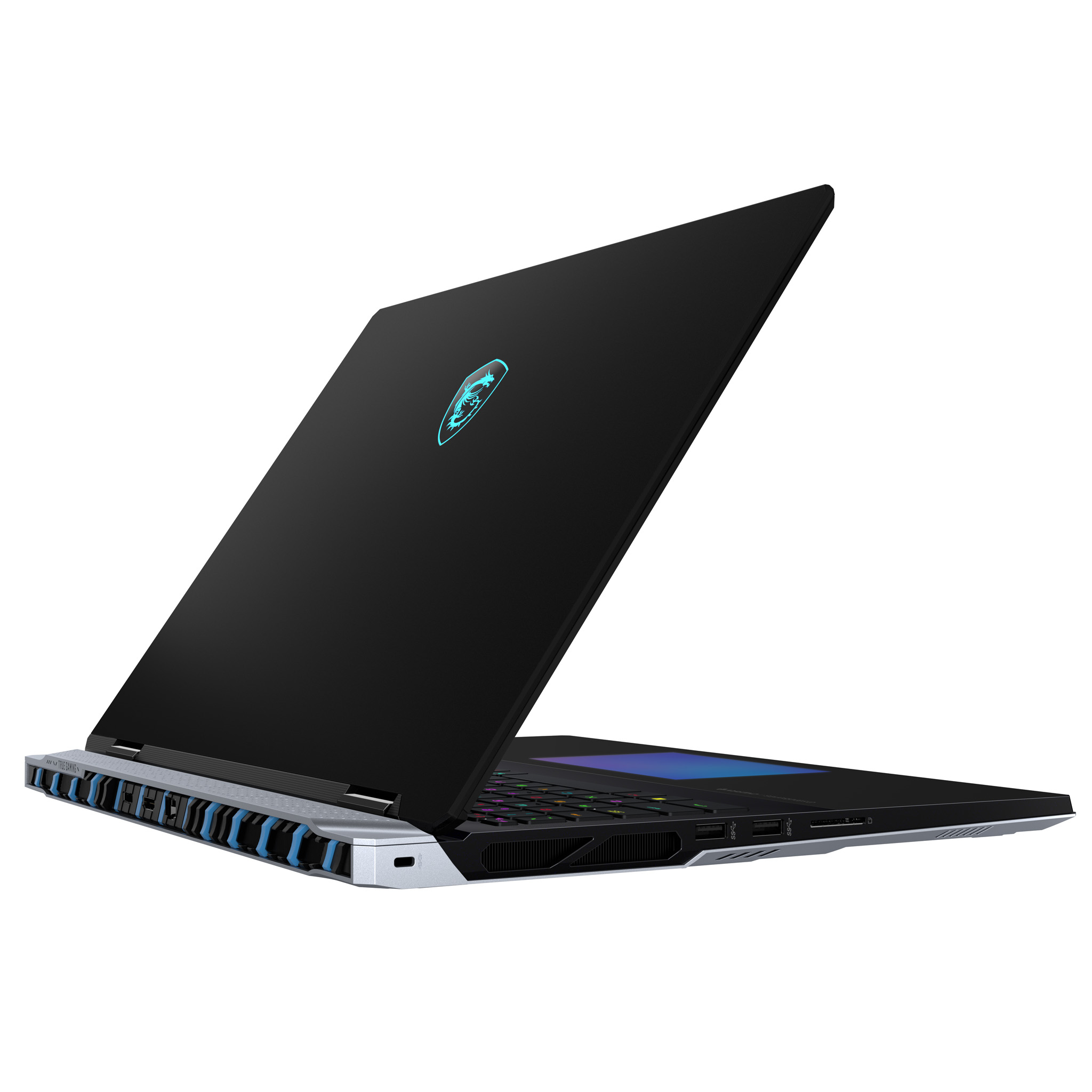 Un laptop nero con coperchio nero è aperto, mostrando la tastiera e lo schermo. Lo sfondo è bianco.