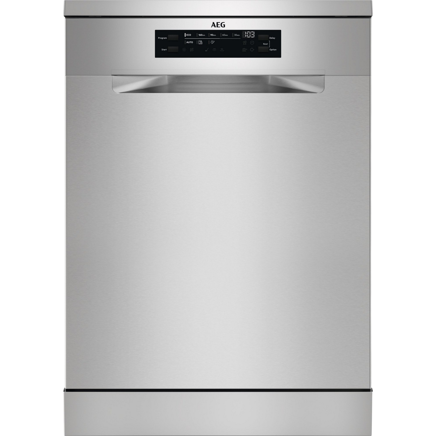Zmywarka AEG ze stali nierdzewnej z cyfrowym wyświetlaczem na górze i czarnym tłem.