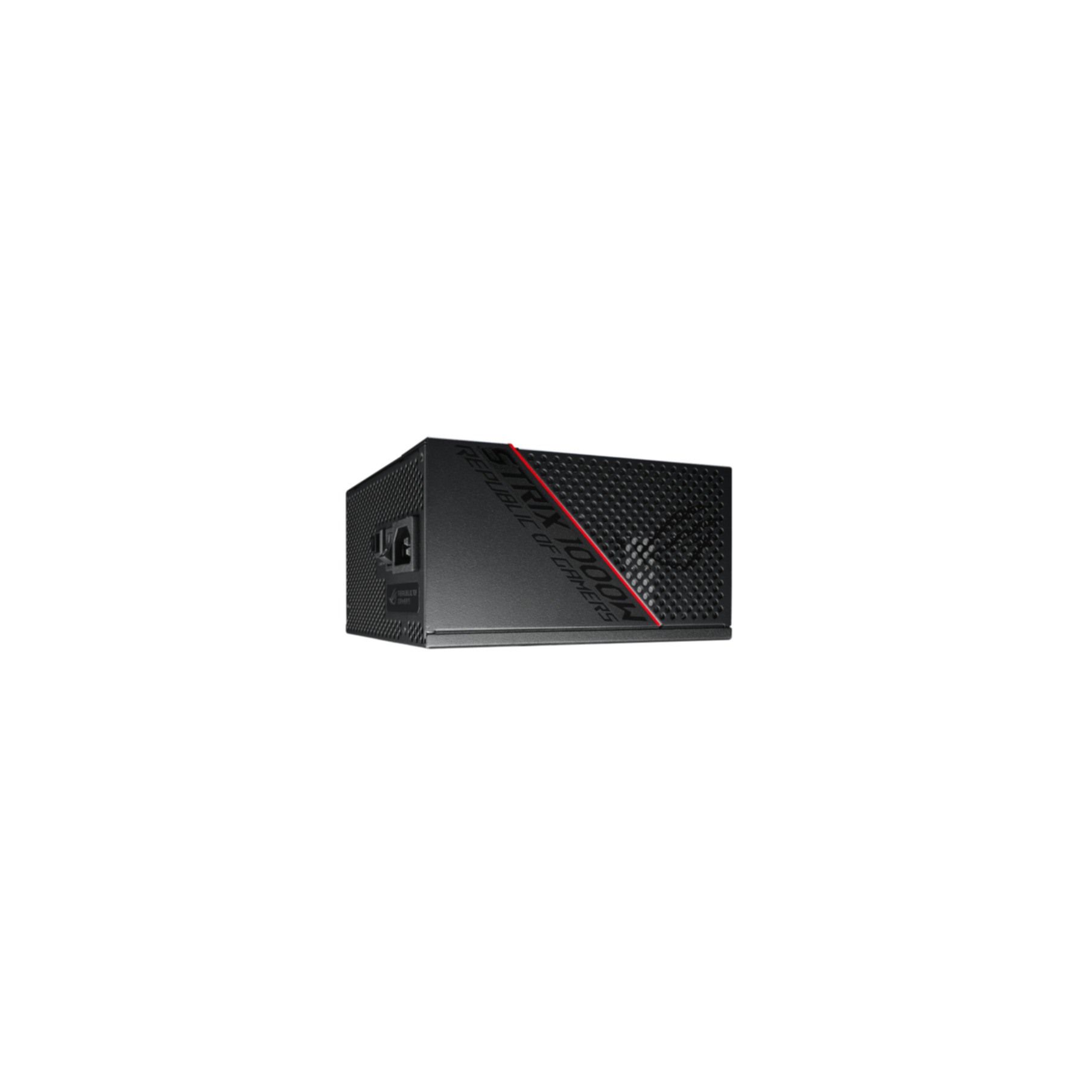 Un alimentatore nero con il testo ROG STRIX e Republic of Gamers.