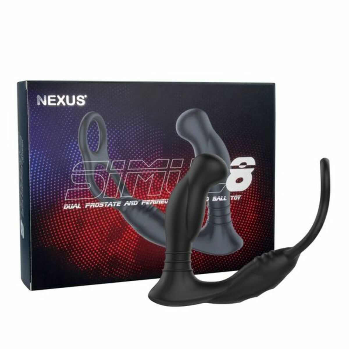 Ein schwarzes Sexspielzeug und seine Verpackung. Das Spielzeug ist schwarz und vor einer Box.