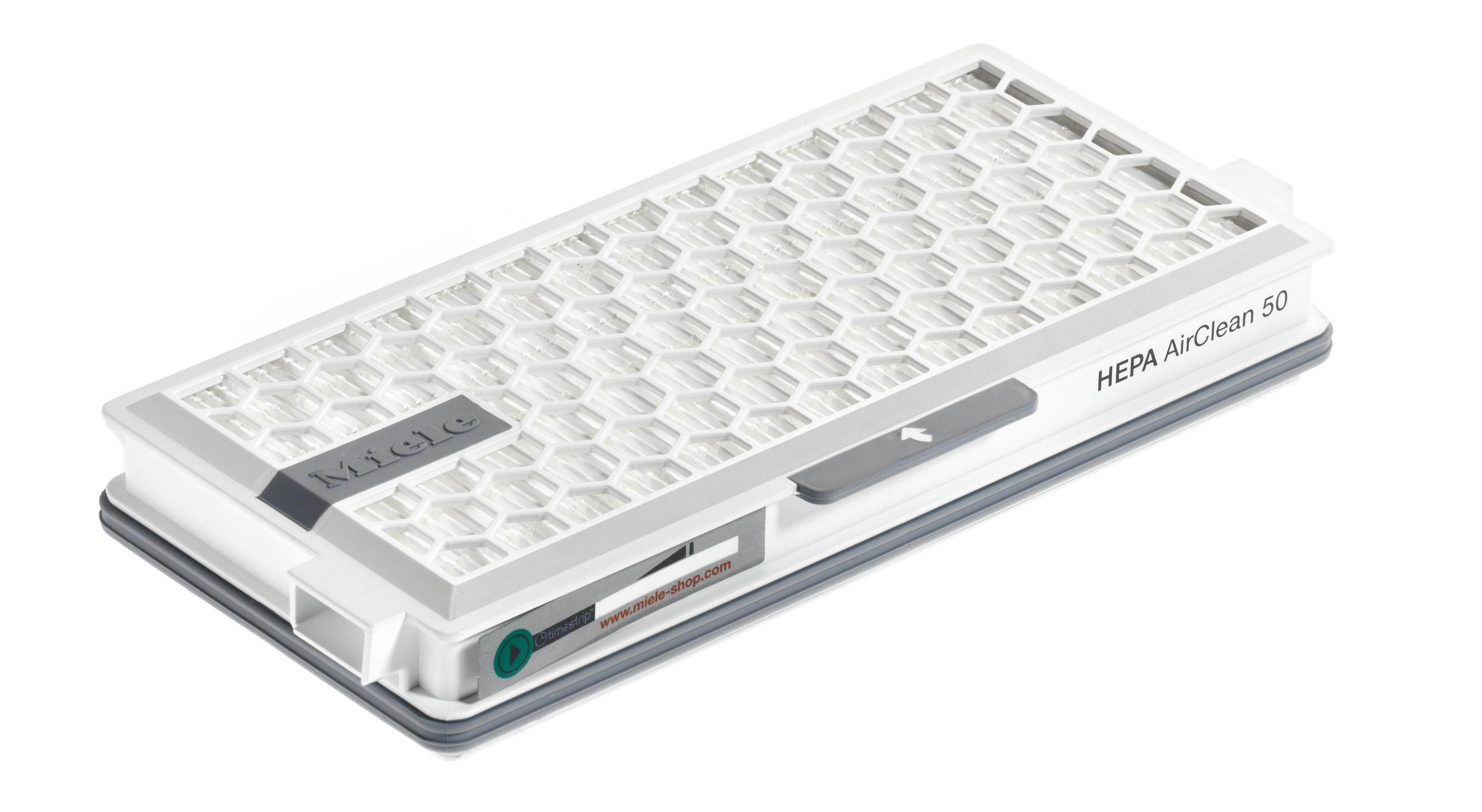 Filtro HEPA AirClean 50 bianco con superficie a nido d'ape e cornice grigia.