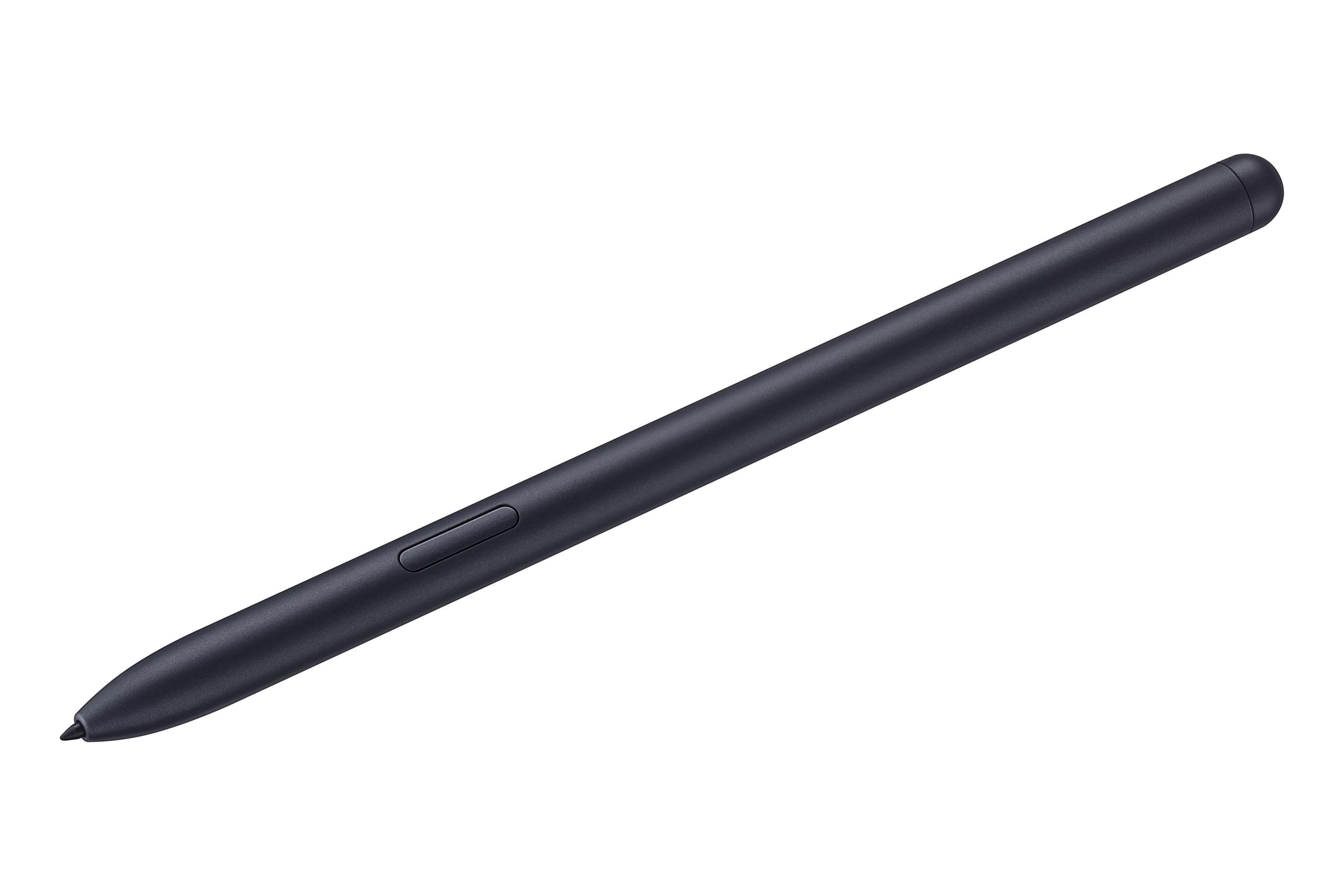 Een zwarte styluspen, horizontaal liggend. Het heeft een knop aan de zijkant en een punt.