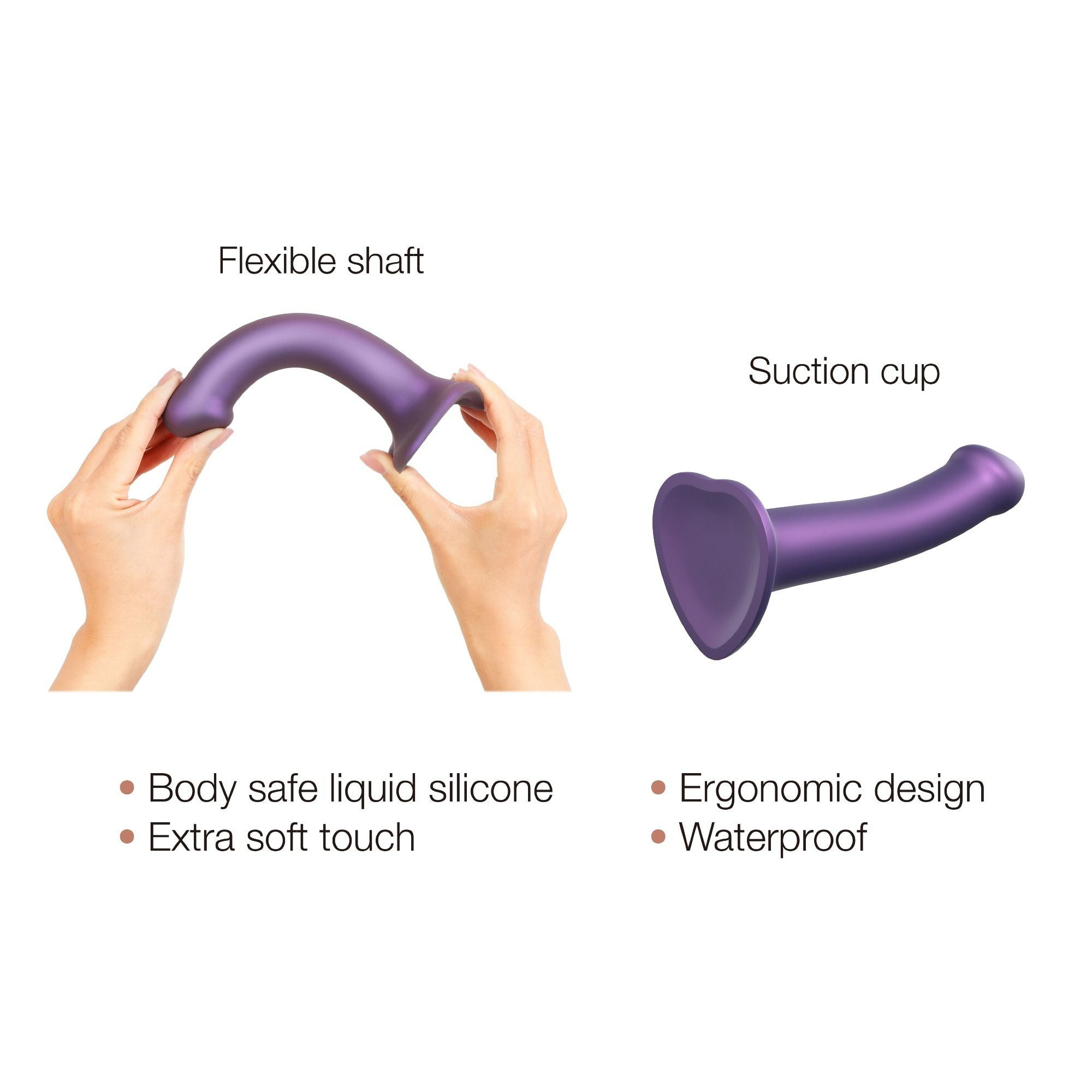 Dwie fioletowe zabawki erotyczne z opisami tekstowymi na białym tle.