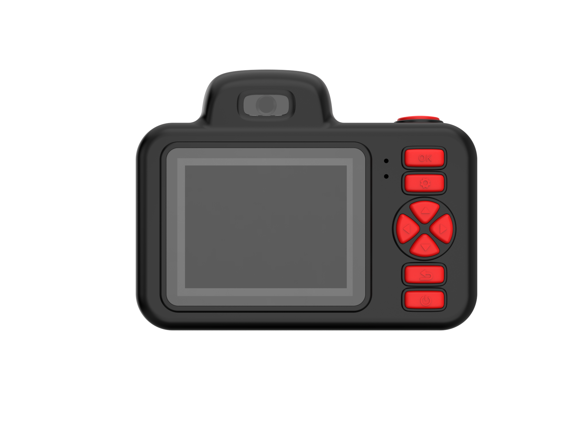 Eine schwarze Digitalkamera auf schwarzem Hintergrund. Die Rückseite der Kamera hat einen Bildschirm und rote Knöpfe.