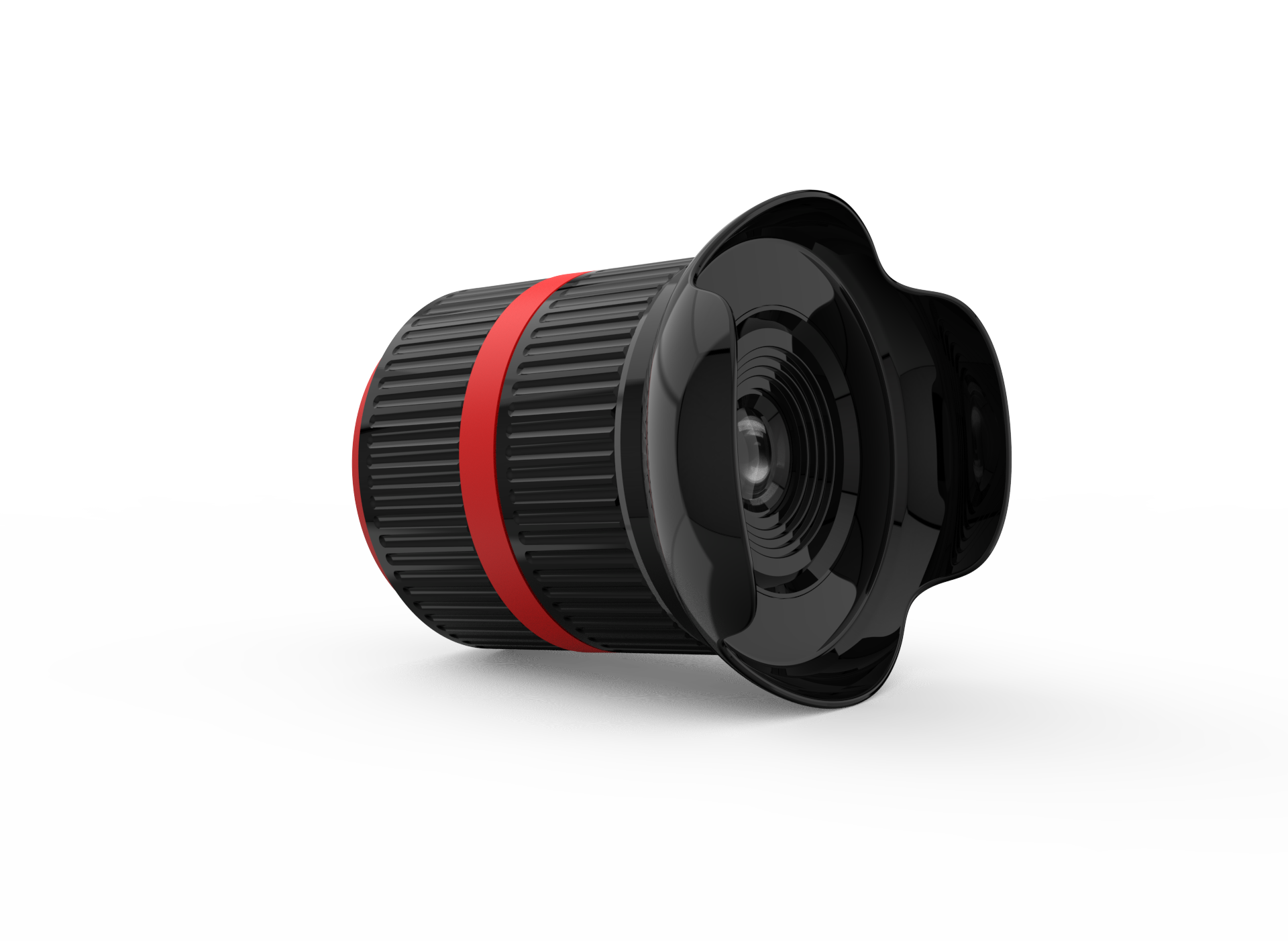 Eine schwarze Linse mit rotem Ring und Weitwinkelobjektiv auf weißem Hintergrund.