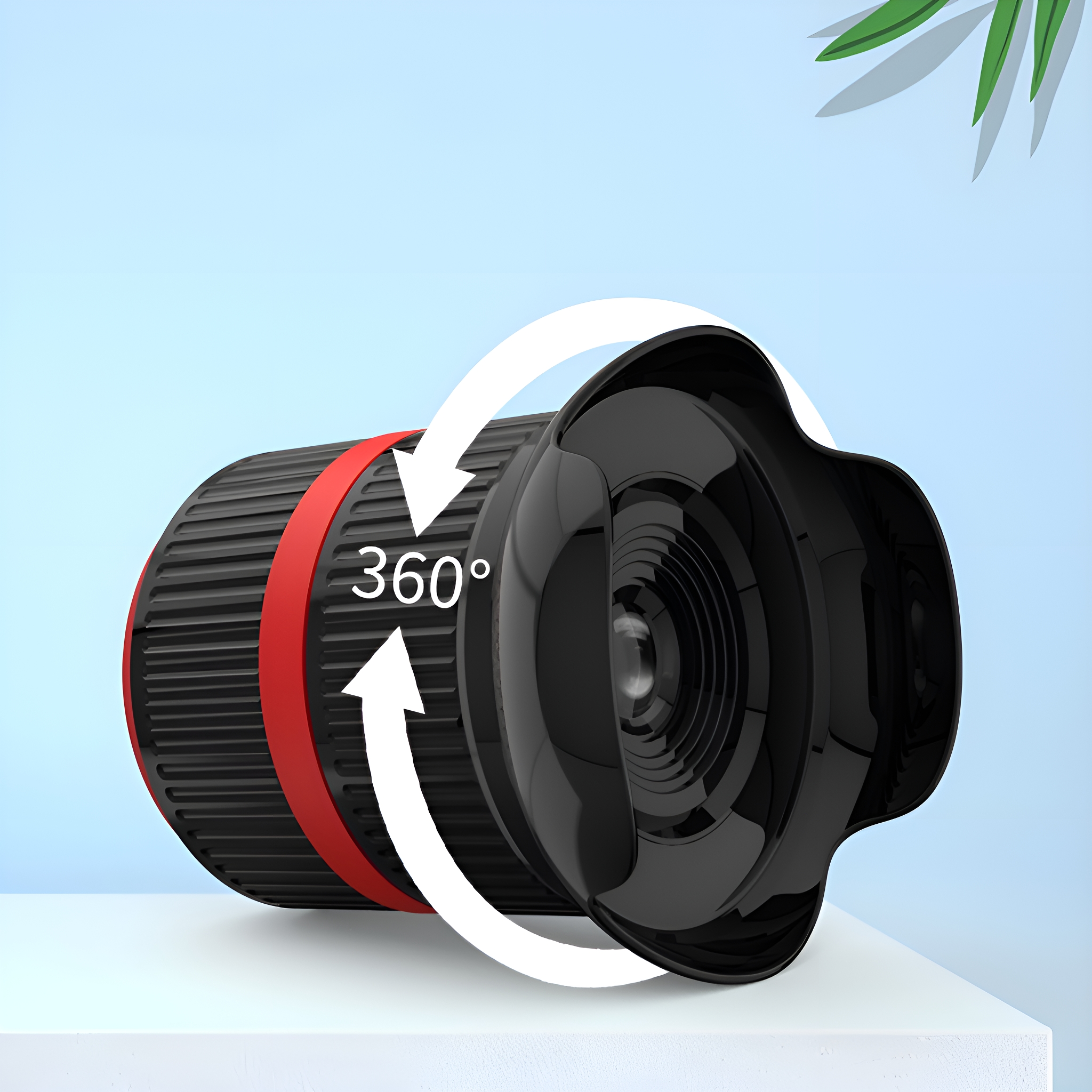 Schwarzes Kameraobjektiv mit rotem Ring. Pfeile zeigen 360-Grad-Drehung an. Blauer Hintergrund.