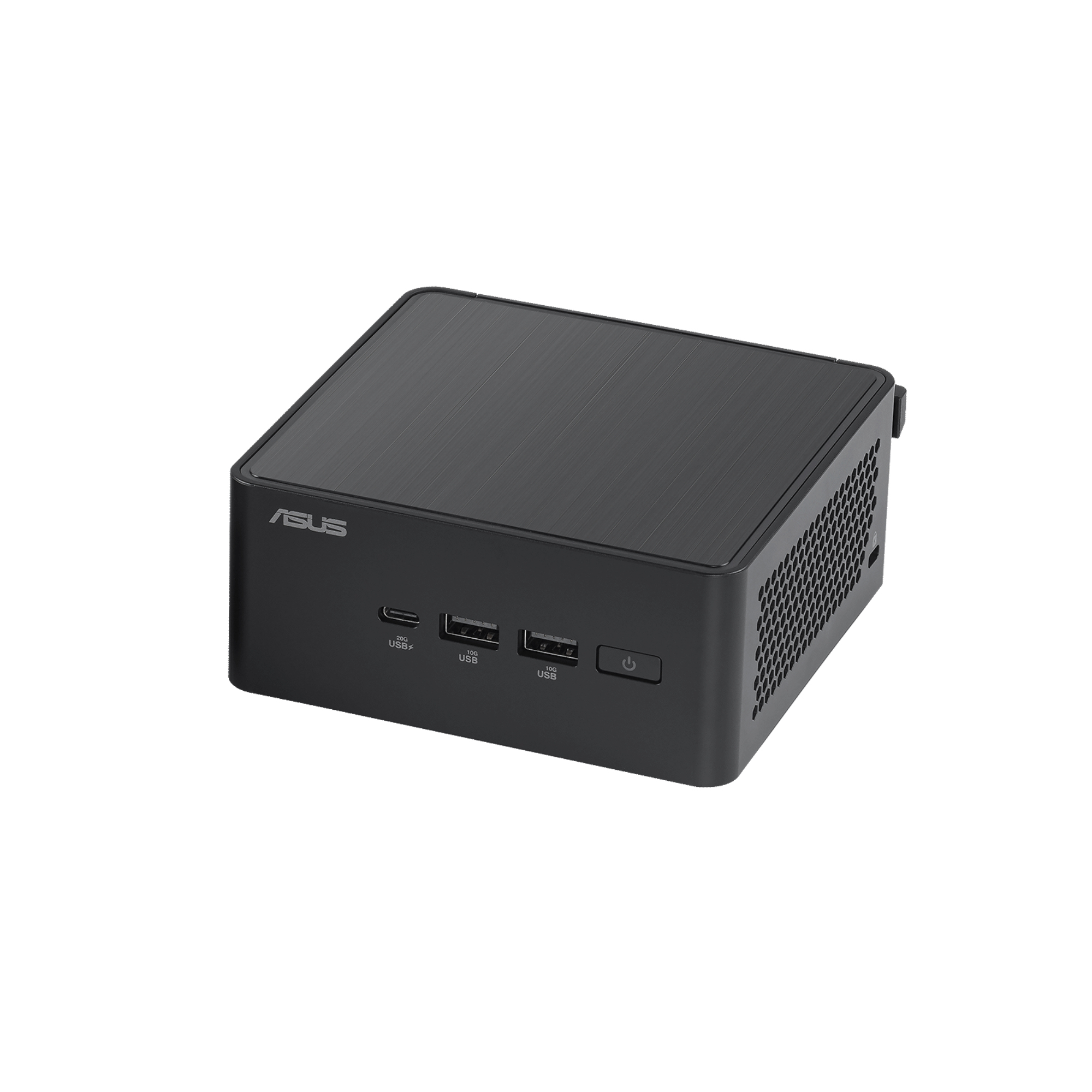 Schwarzer ASUS Mini-PC. USB-Anschlüsse und Netzschalter sichtbar. Quadratische Form mit Gitter.
