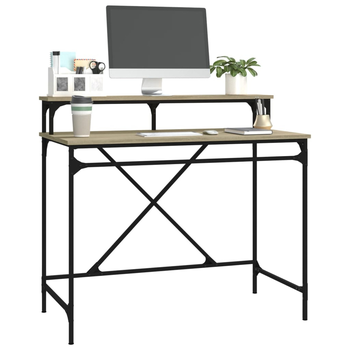 Ein zweistufiger Schreibtisch mit Monitor, Pflanzen und Büromaterial. Der Rahmen ist schwarz, mit Holzplatte.