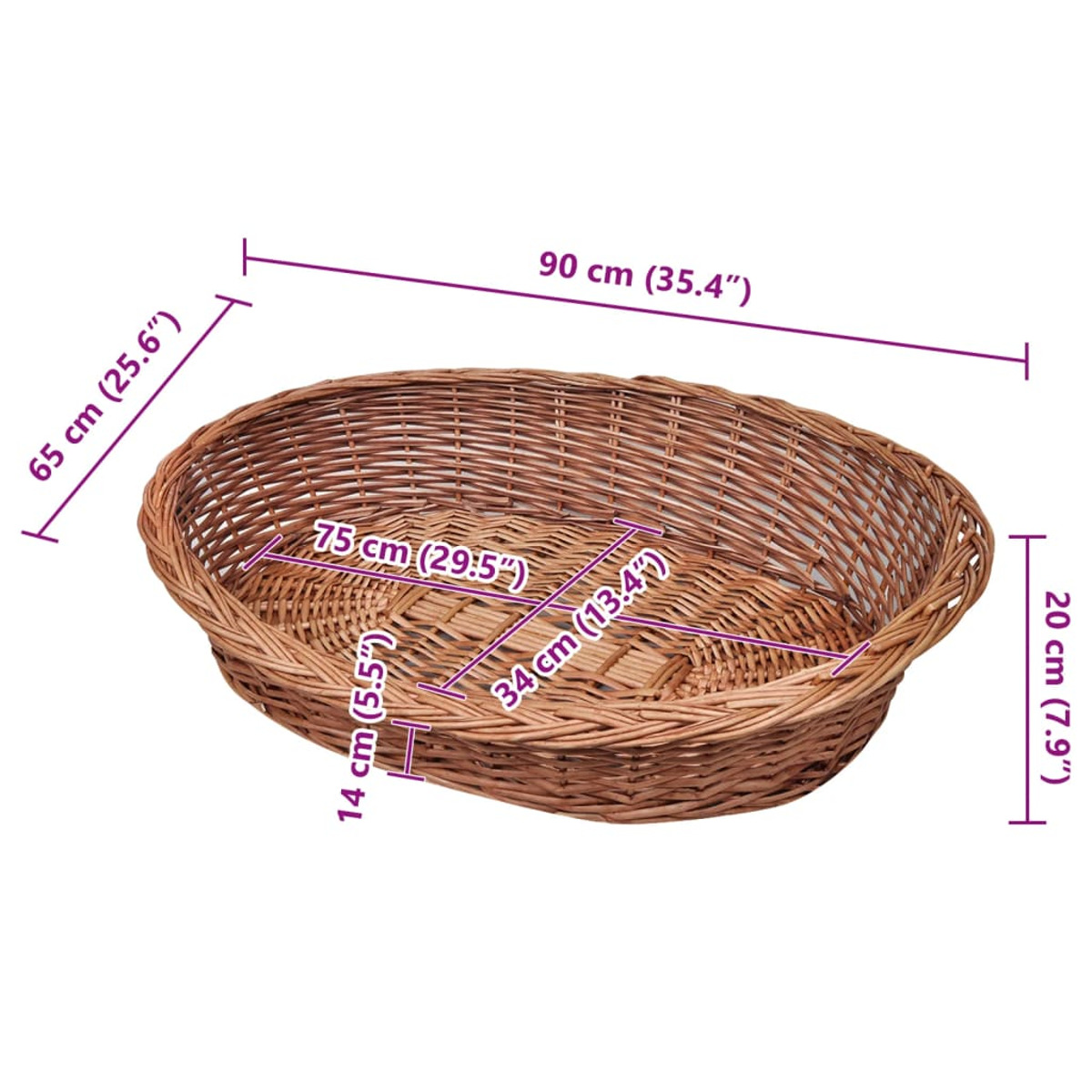 Ein brauner Weidenkorb. Abmessungen sind beschriftet: 90 cm lang, 65 cm breit und 20 cm hoch.