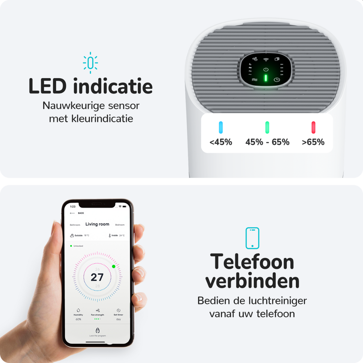 Diagrammi di un purificatore d'aria con un telefono, che mostrano umidità e informazioni di controllo.