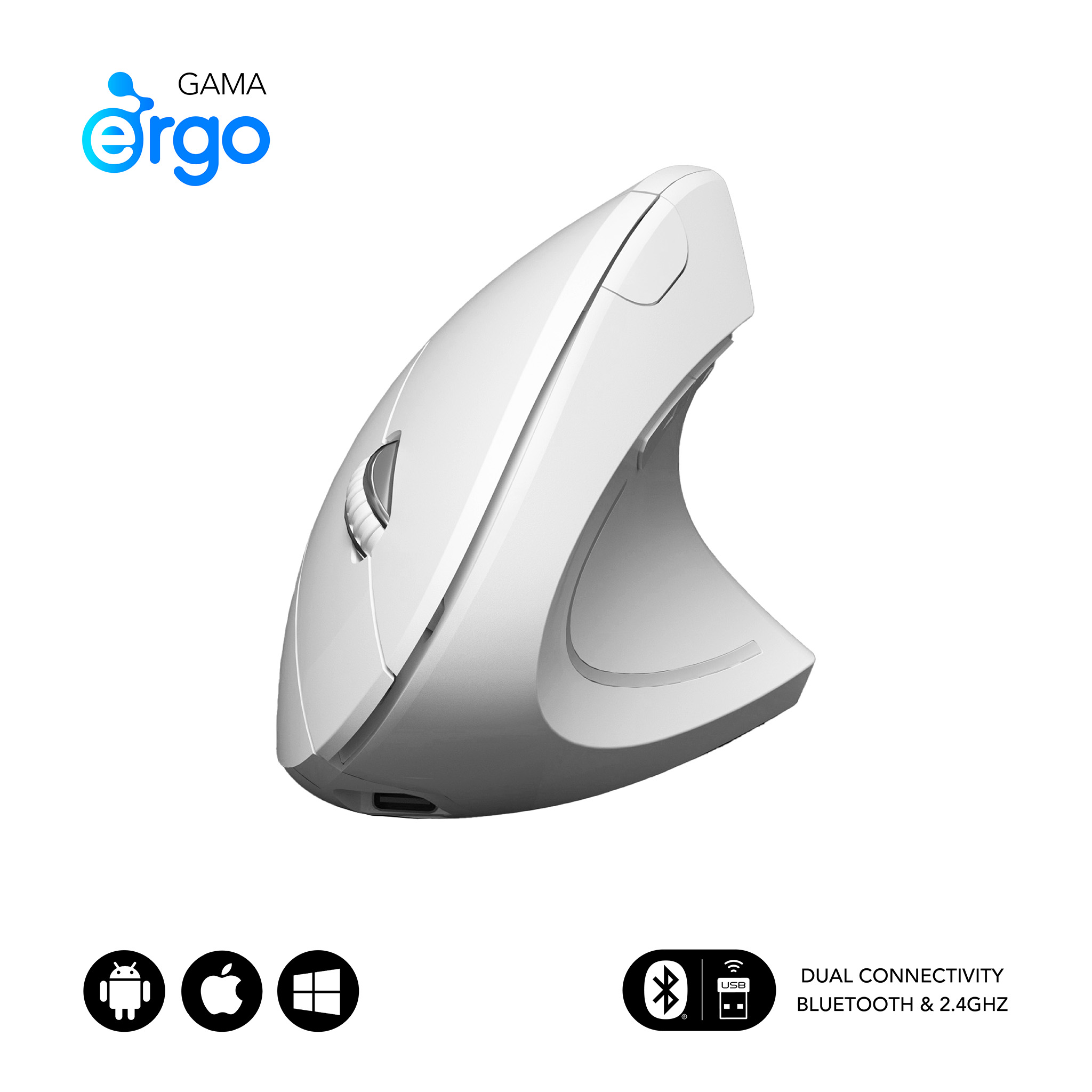 Weiße ergonomische Maus mit Logo und Symbolen für Android, Apple und Windows.