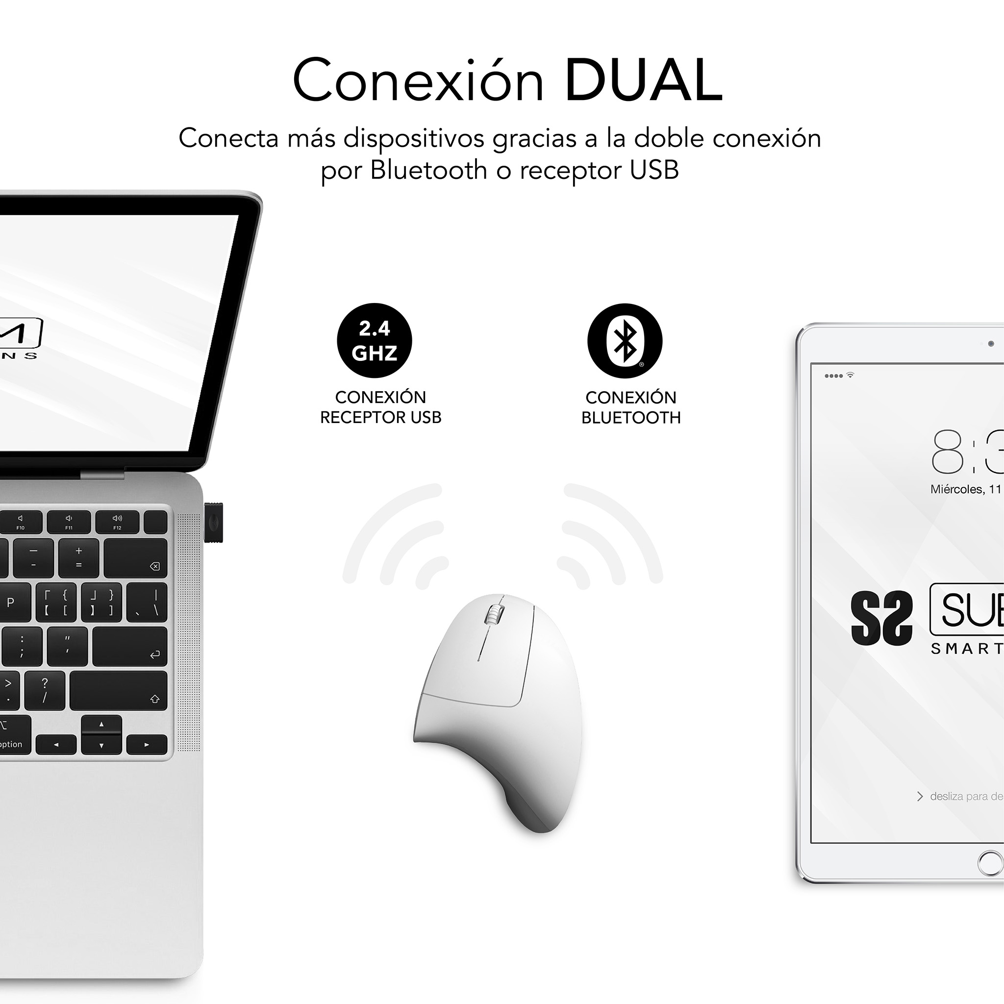Laptop, Maus und Tablet. Maus hat Bluetooth- und USB-Verbindungen.