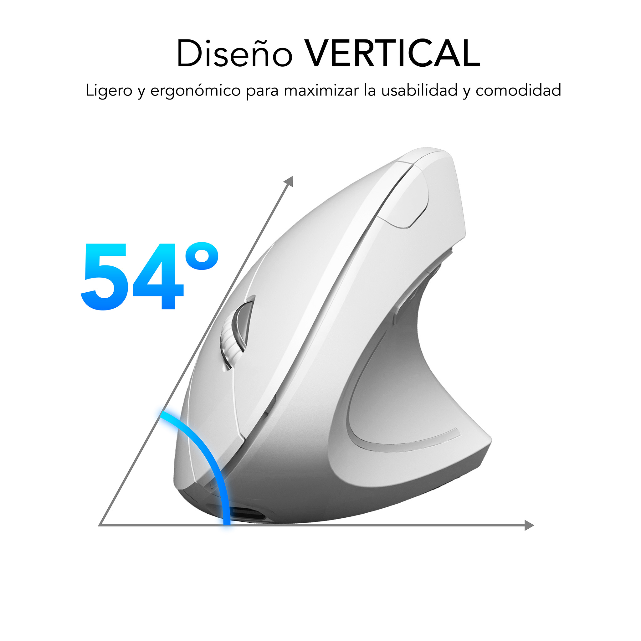 Weiße vertikale Maus mit 54° Winkelanzeige. Text: 'Vertikales Design' und 'Ergonomisch'.