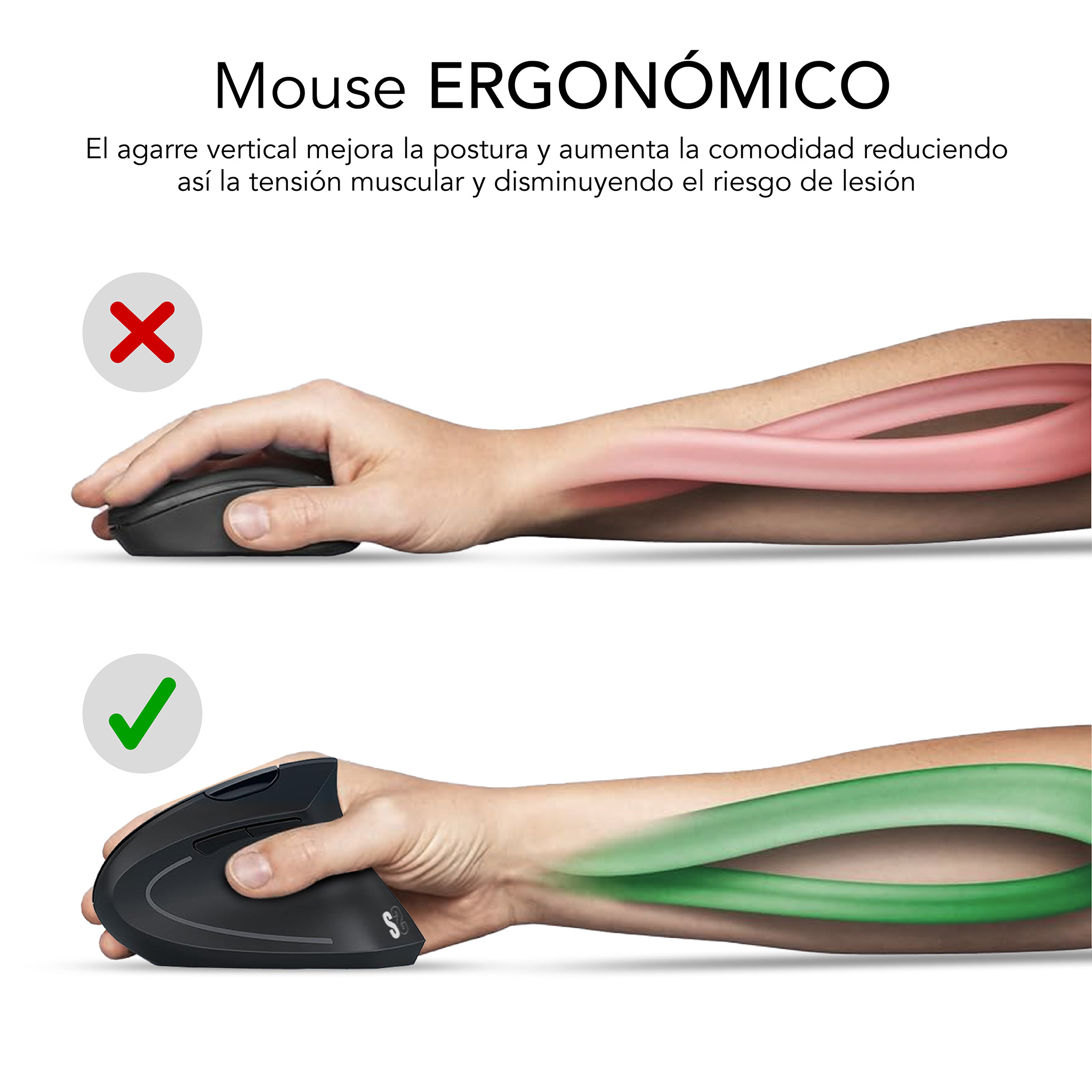 Bild zeigt zwei Hände, die eine Maus benutzen. Eine falsch und eine ergonomisch.
