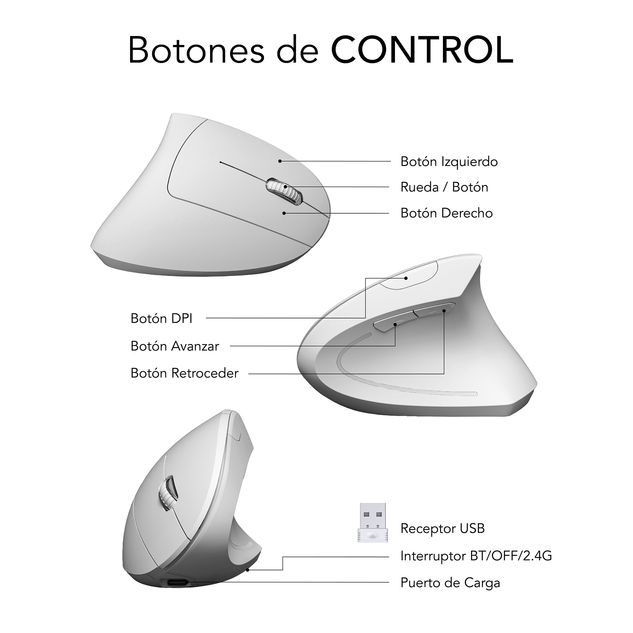 Mehrere Ansichten einer weißen ergonomischen Maus mit spanischen Tastenbeschriftungen.
