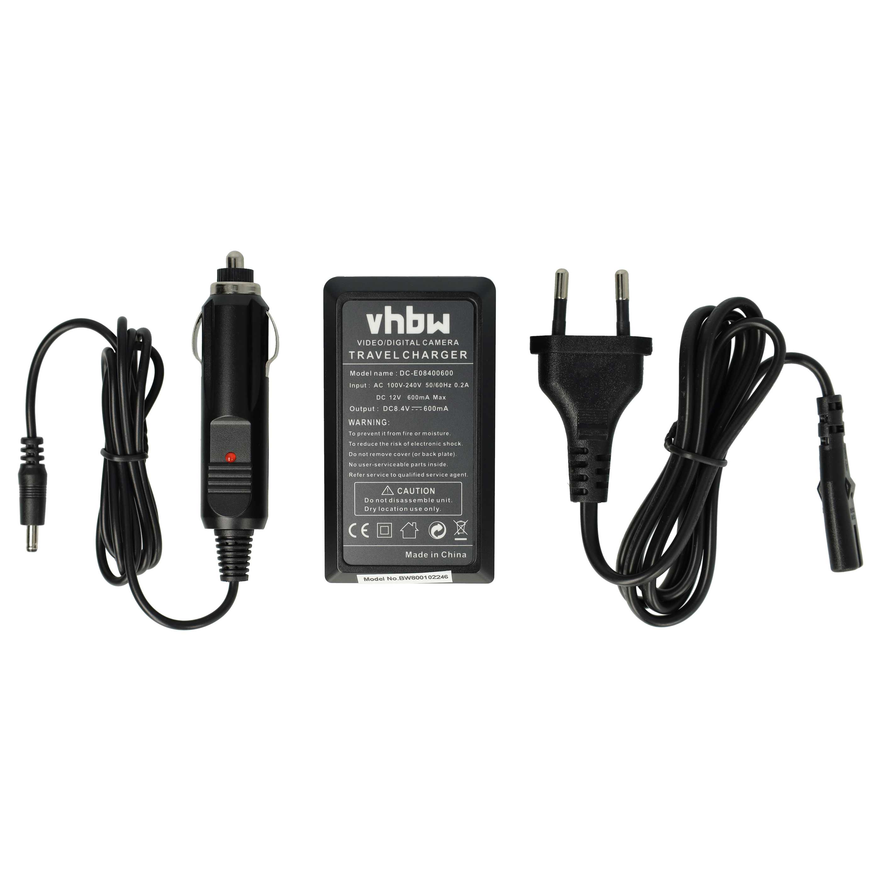 Ein Reise-Ladegerät-Set für eine Videokamera. Enthält Autostecker, Ladegerät und Kabel.