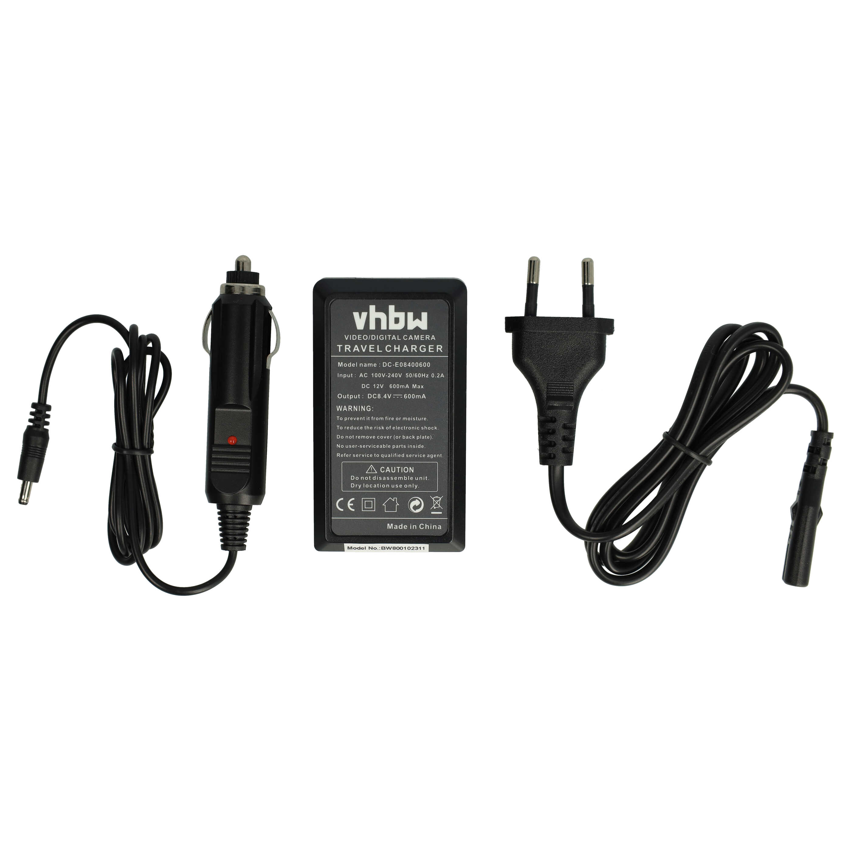 Set aus schwarzem Ladegerät, Adapter und Kabel. Ladegerät und Adapter sind schwarz mit weißem Text.